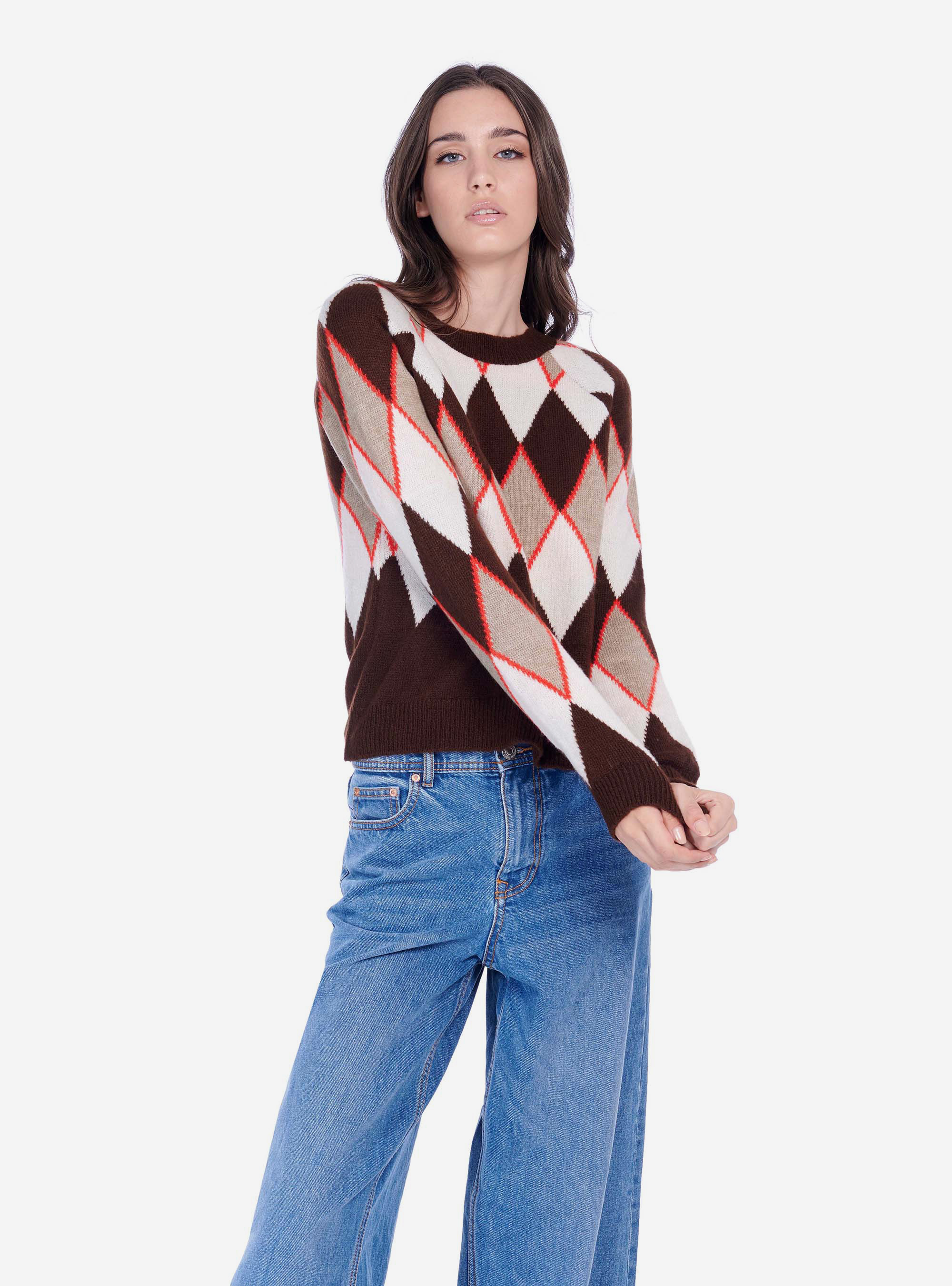 Pull ras du cou à motif losanges, C5538 DARK BROWN