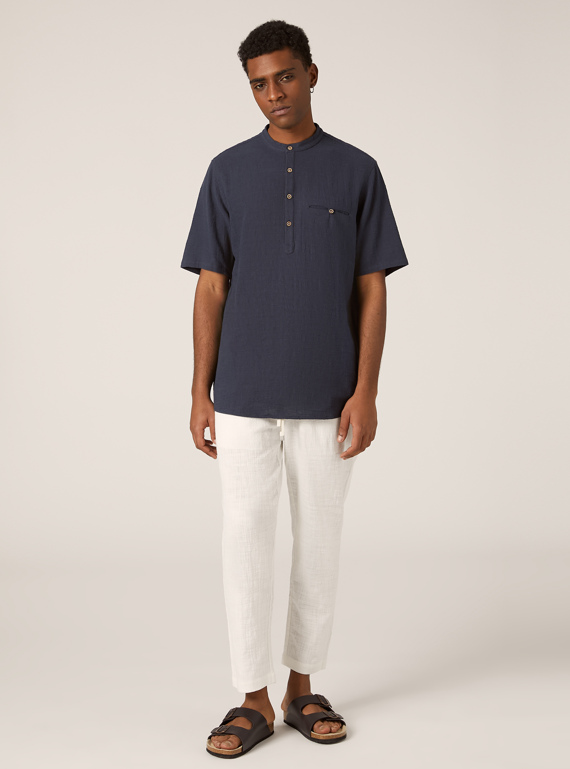 Linen blend shirt with Korean collar, NA2 NAVY MEDIUM