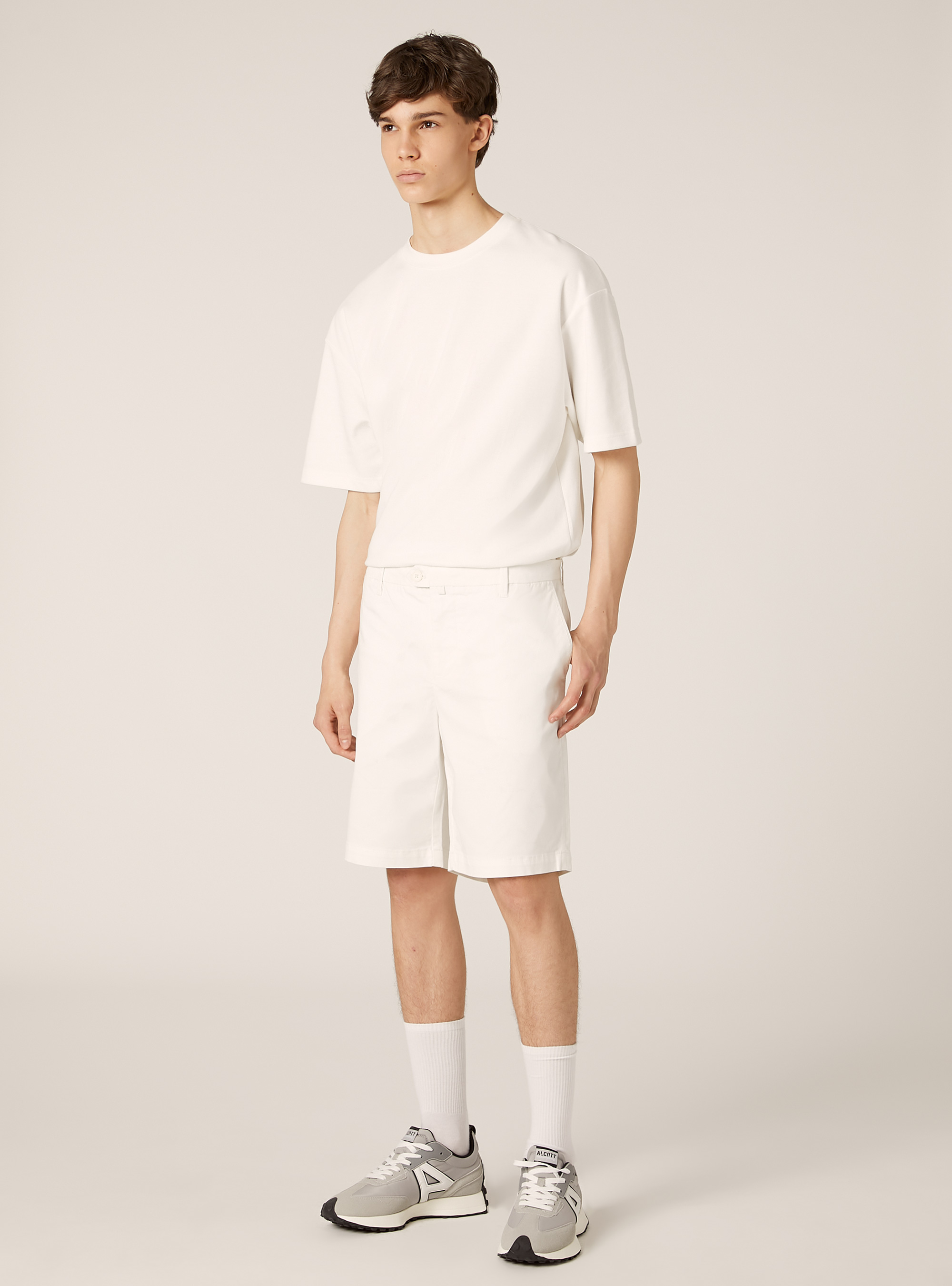 Bermudas de algod&oacute;n de sarga el&aacute;stica, WH1 OFF WHITE