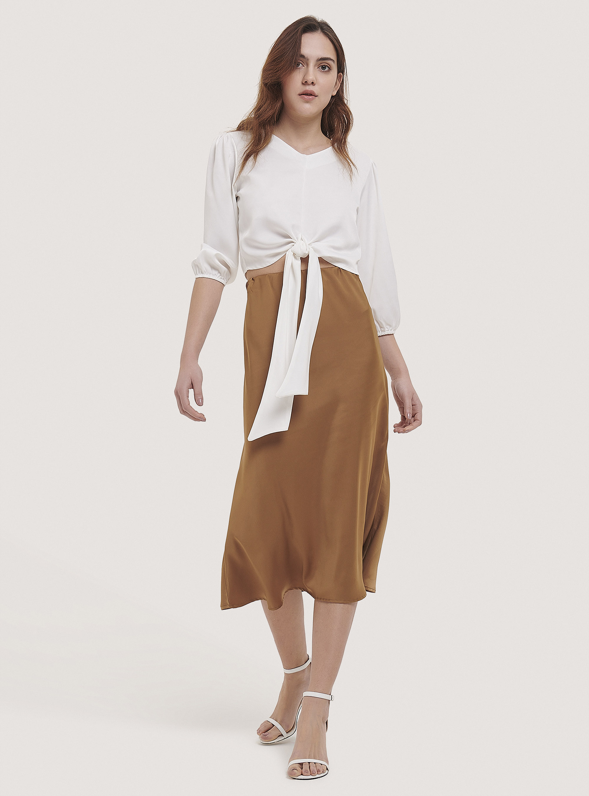 Satin blouse with knot, WHITE