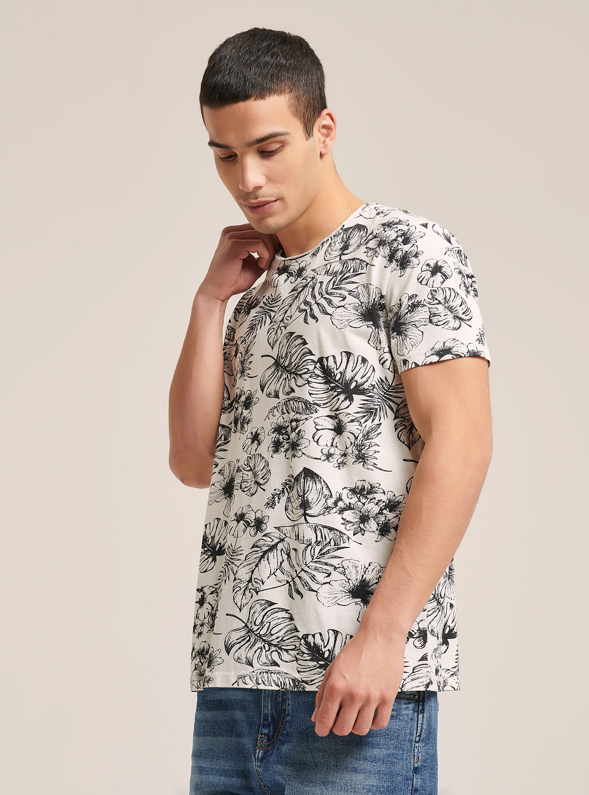 Cotton T-shirt with tropical print, MULTICOLOR