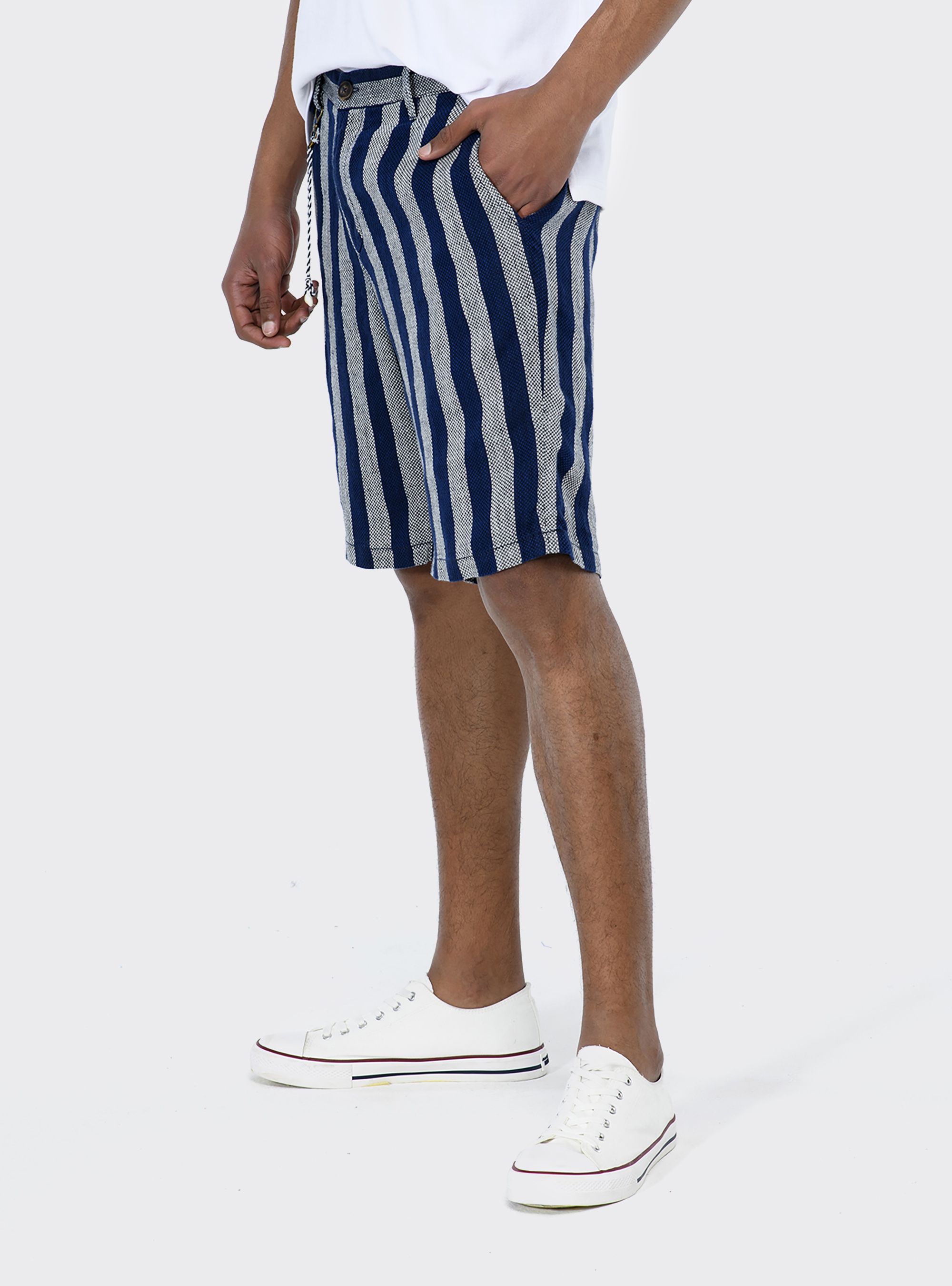 Bermuda a righe verticali in puro lino, BLU MARINO