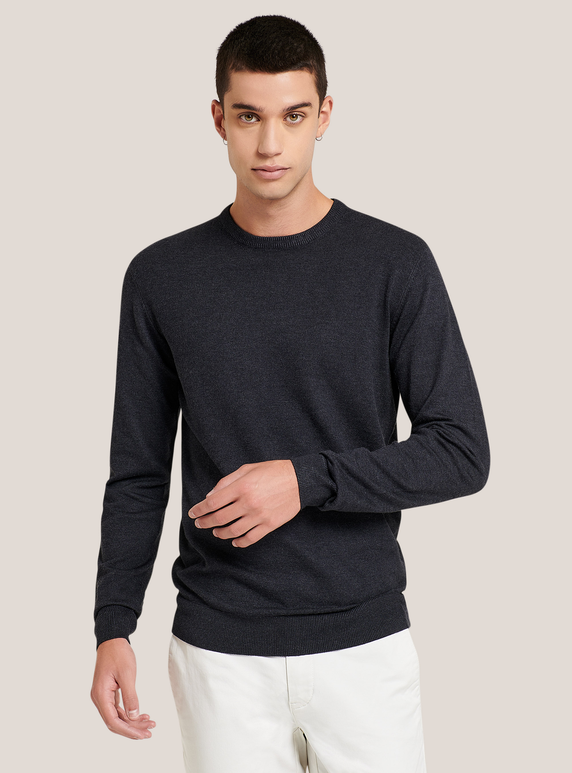 Solid colour crew neck pullover, BLUE MELANGE