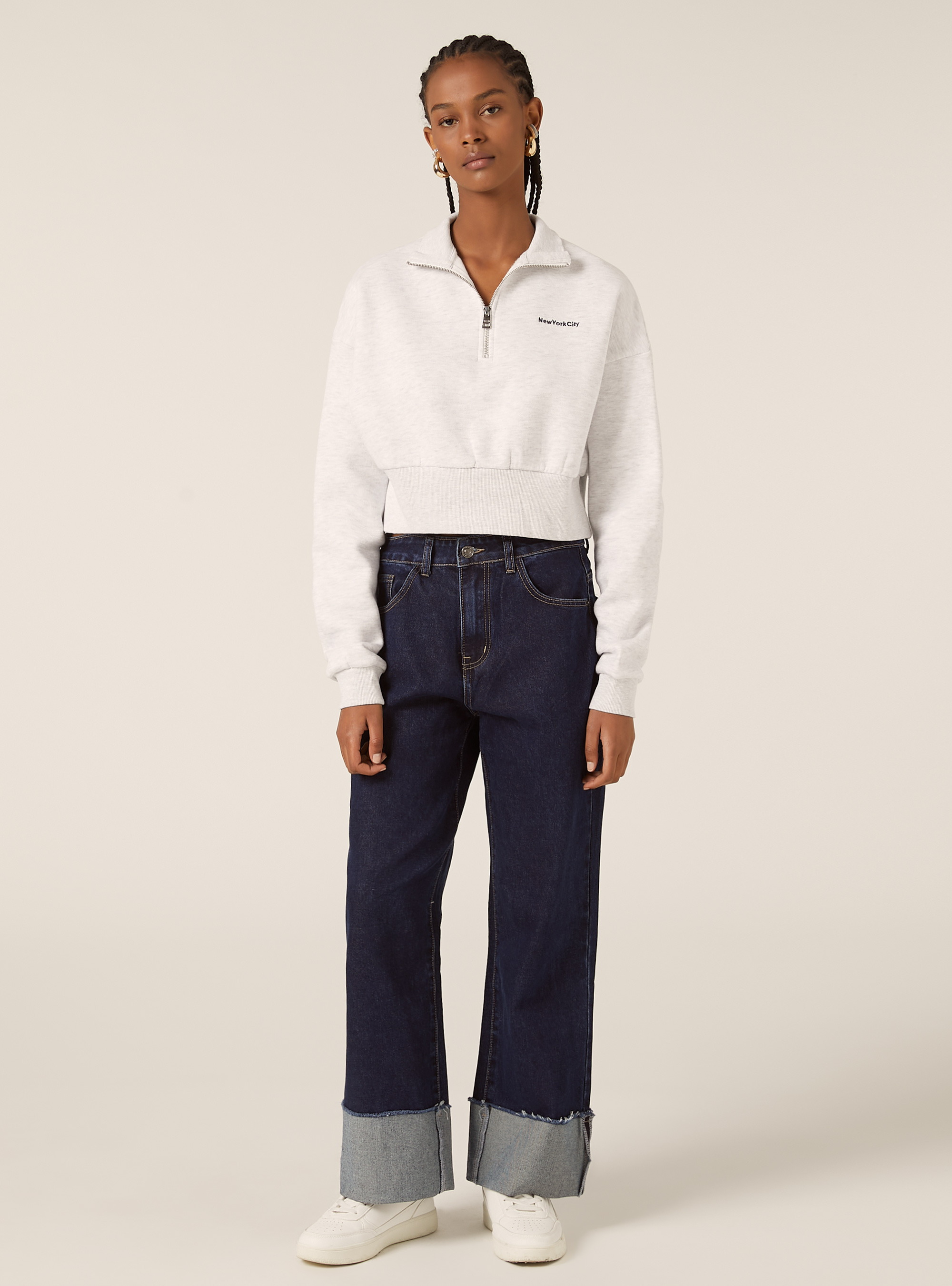 Cropped sweatshirt with collar and zip, MGY3 GREY MEL LIGHT