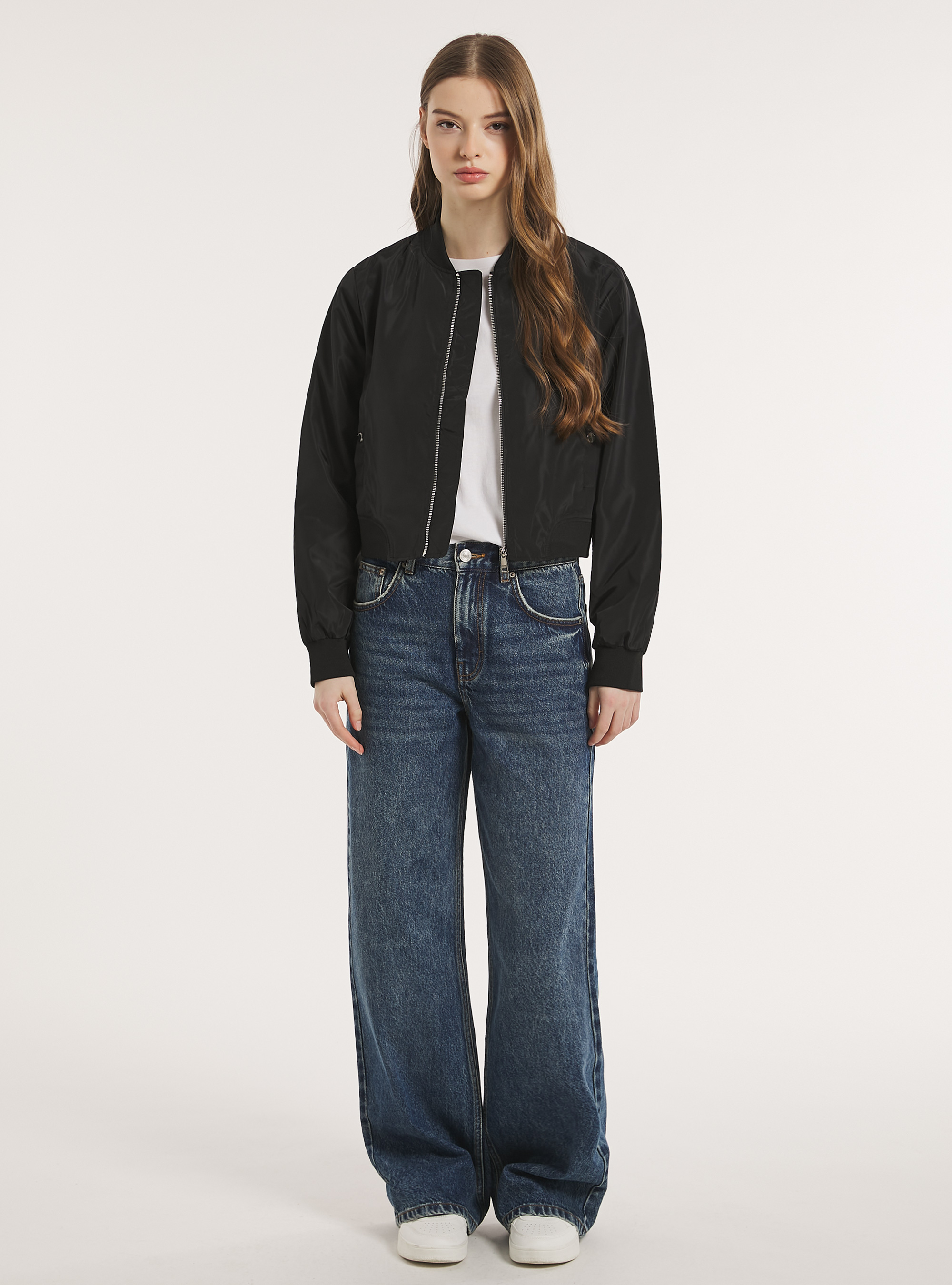 Shiny cropped bomber jacket, BK1 BLACK