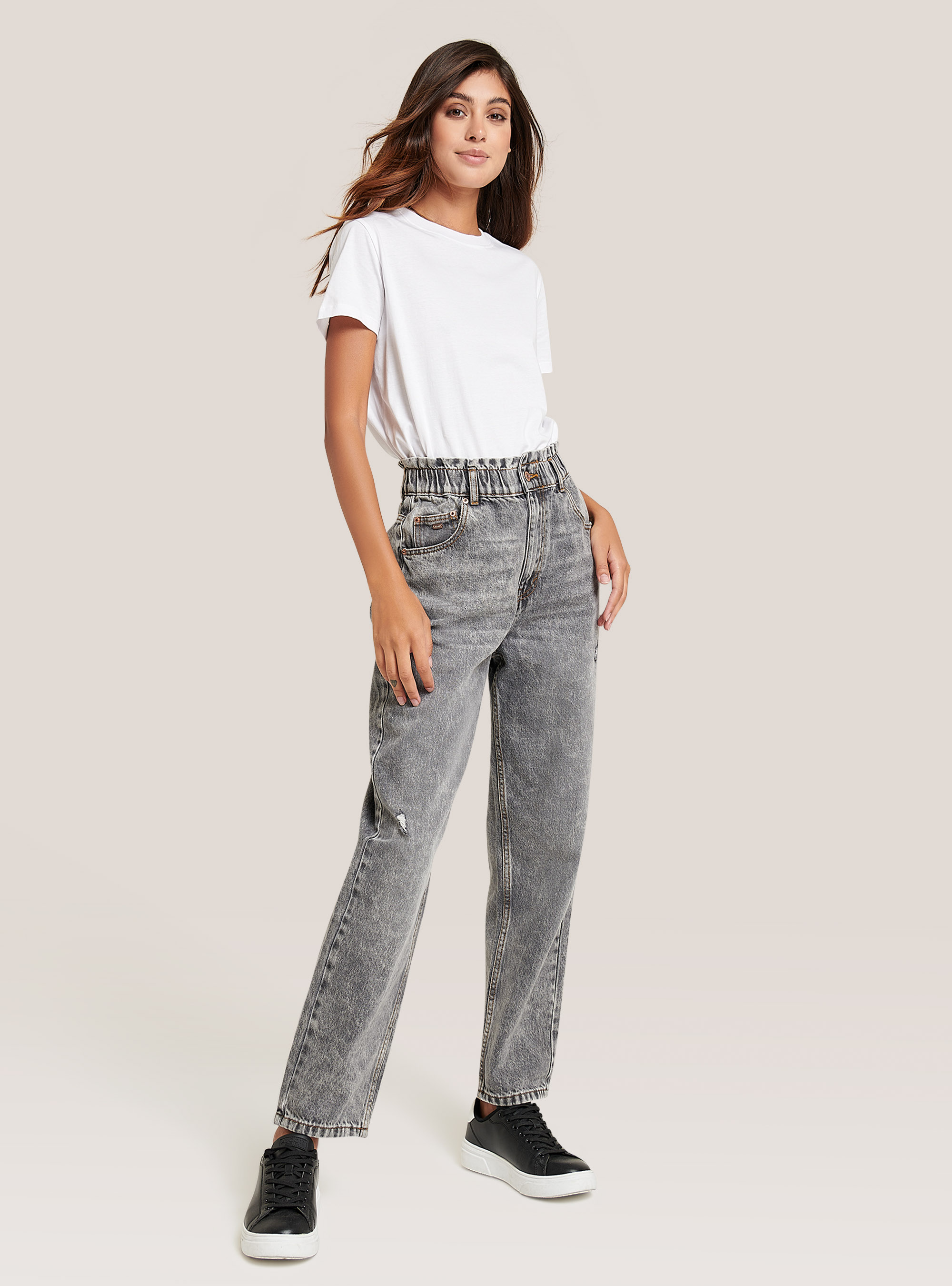 Slouchy fit jeans with elasticated waist in cotton, C116 GREY