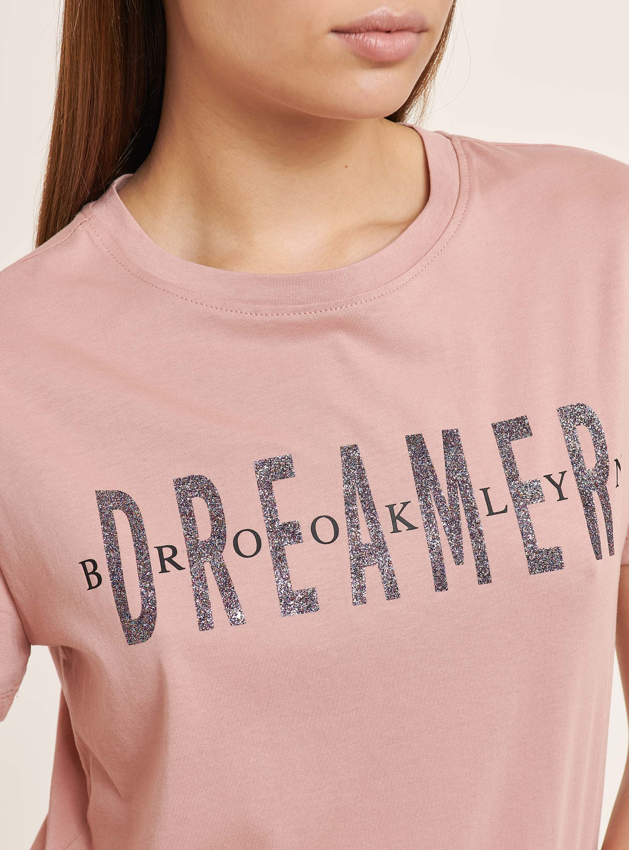 Cotton T-shirt with glitter print, PINK