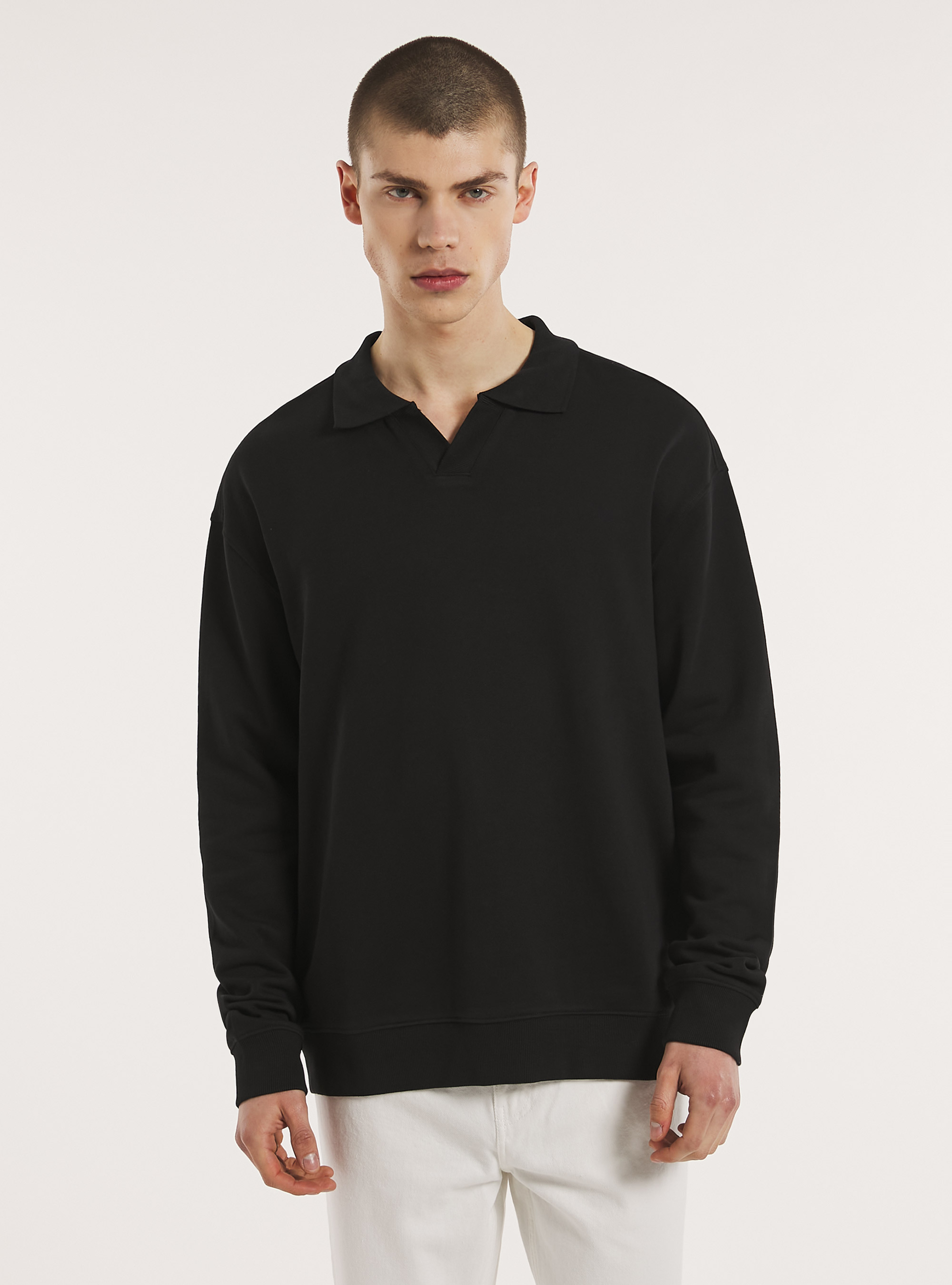 Sudadera de algodón con cuello de polo, BK1 BLACK