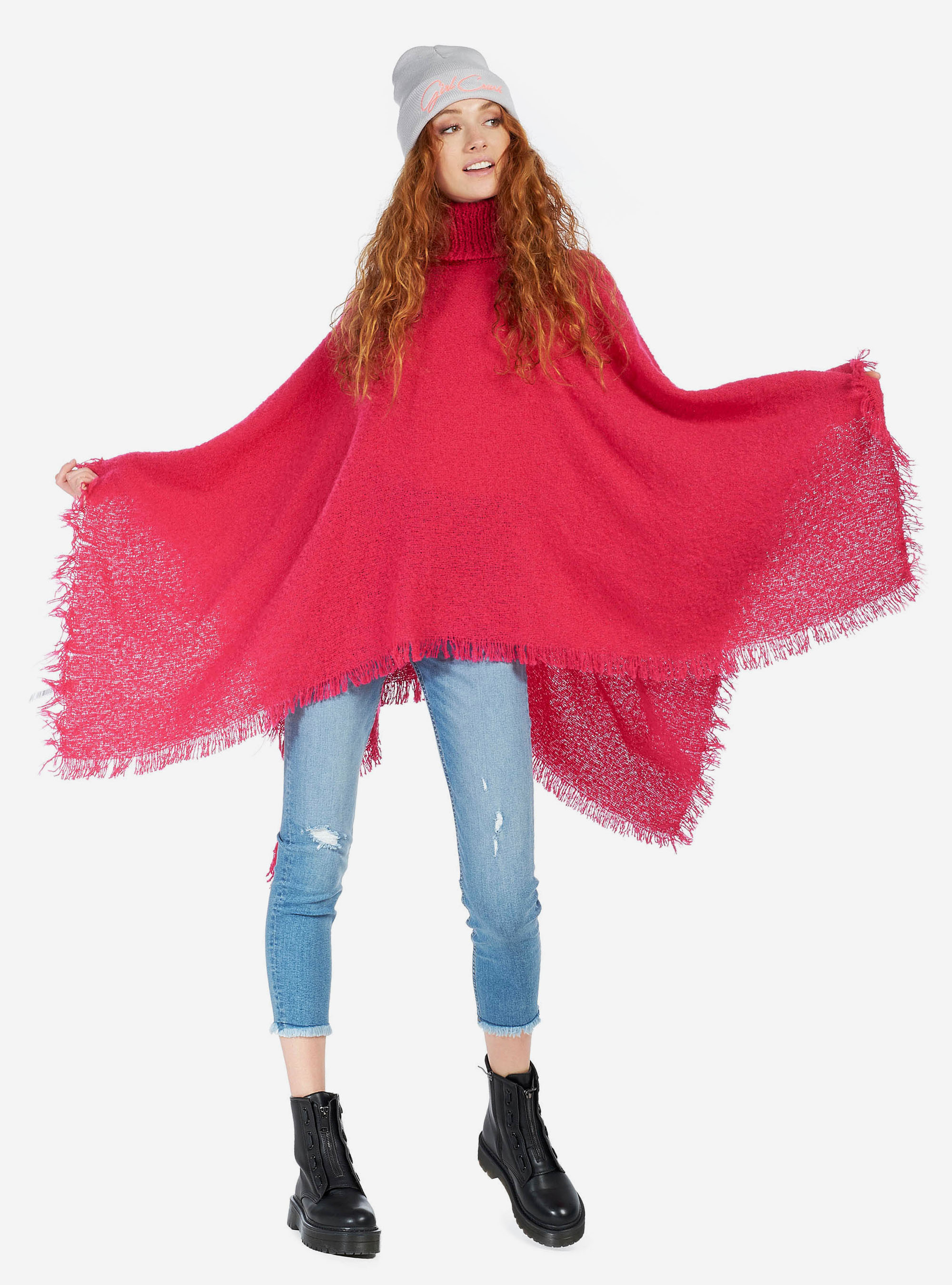 PONCHO WITH HIGH COLLAR, FUXIA