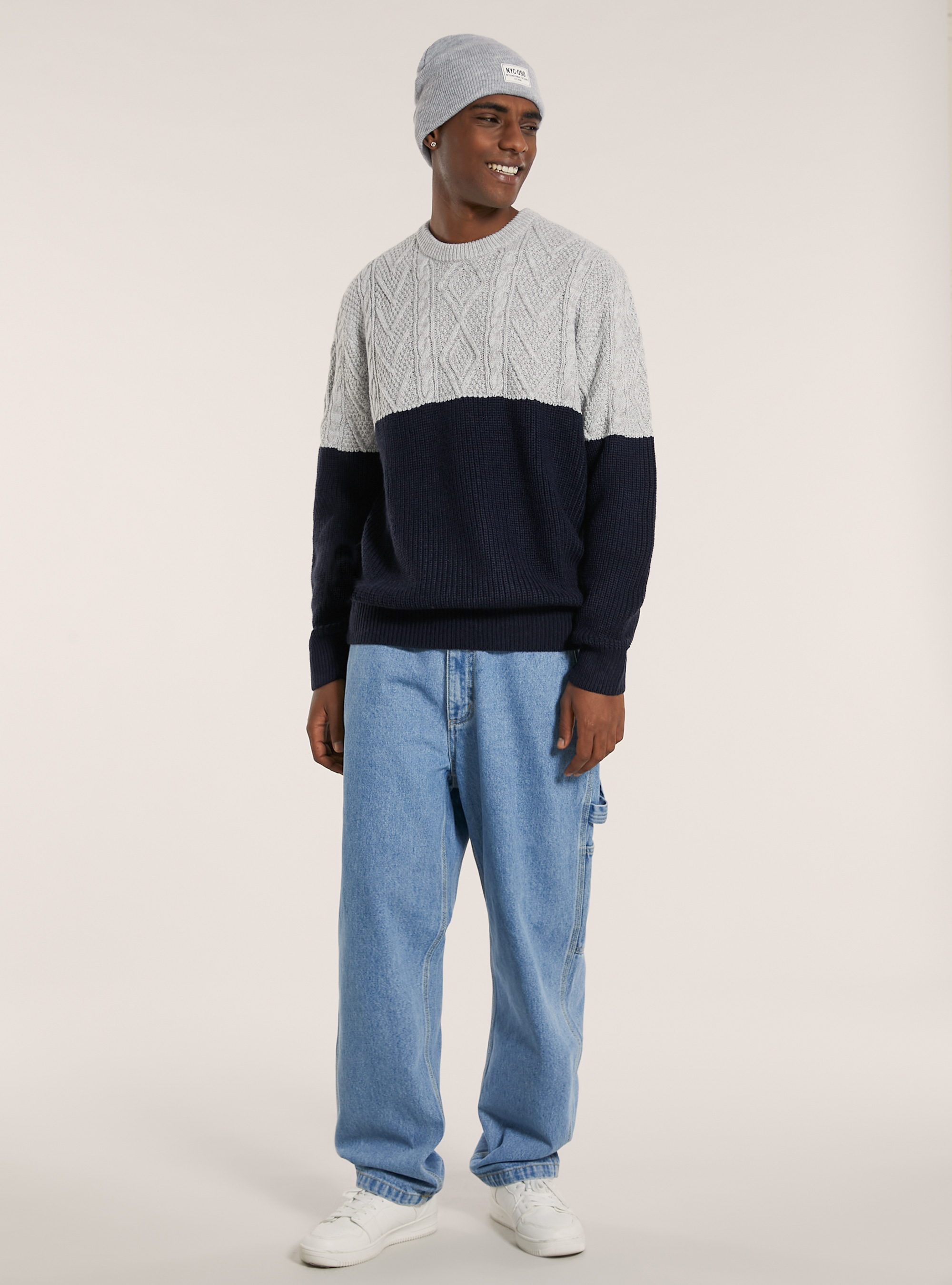 Pullover color block in misto lana con lavorazione a trecce, GY3 GREY LIGHT