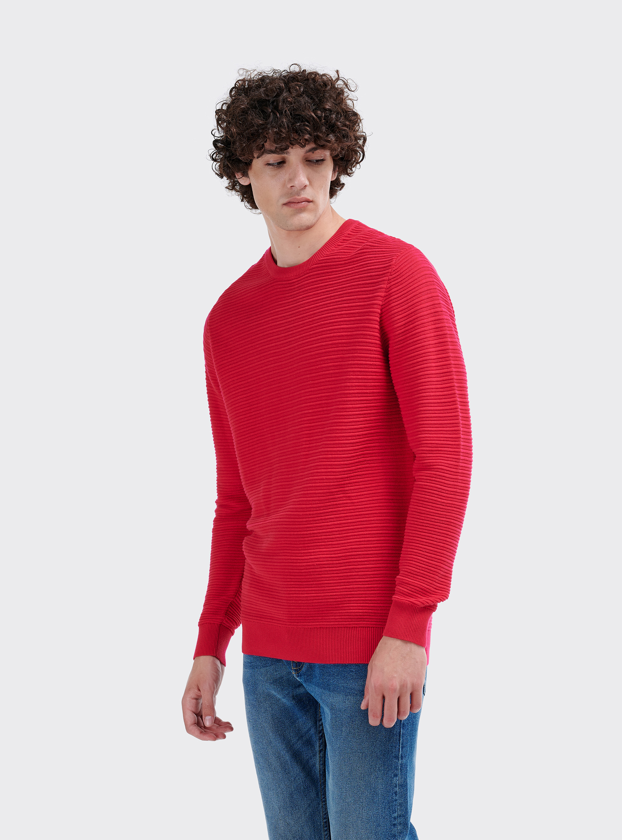 Basic Pullover mit Rundhalsausschnitt aus strukturiertem Strick, C4435 FUXIA