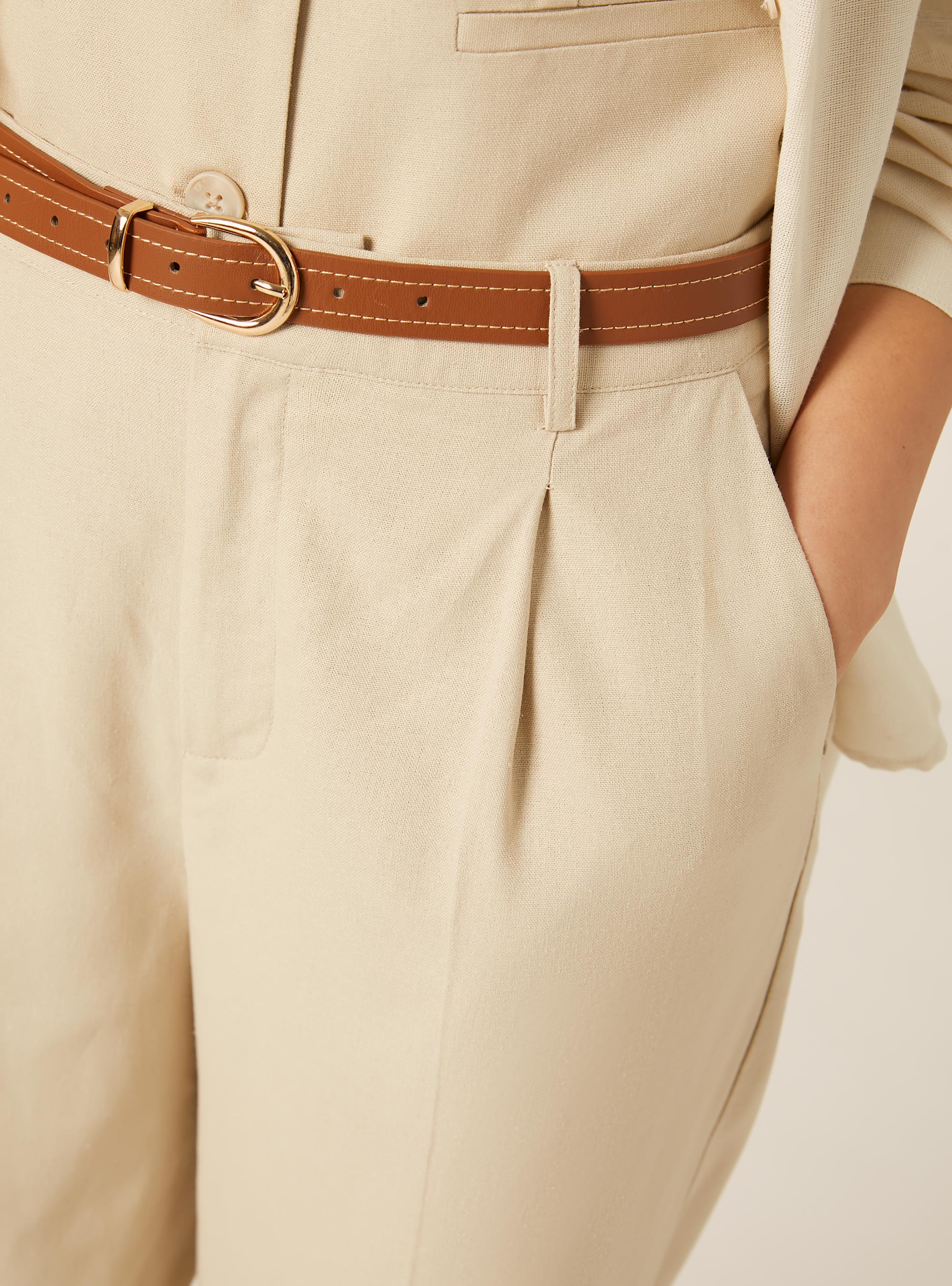 Pantaloni dritti in misto lino con cintura, MBG2 BEIGE MEL MED