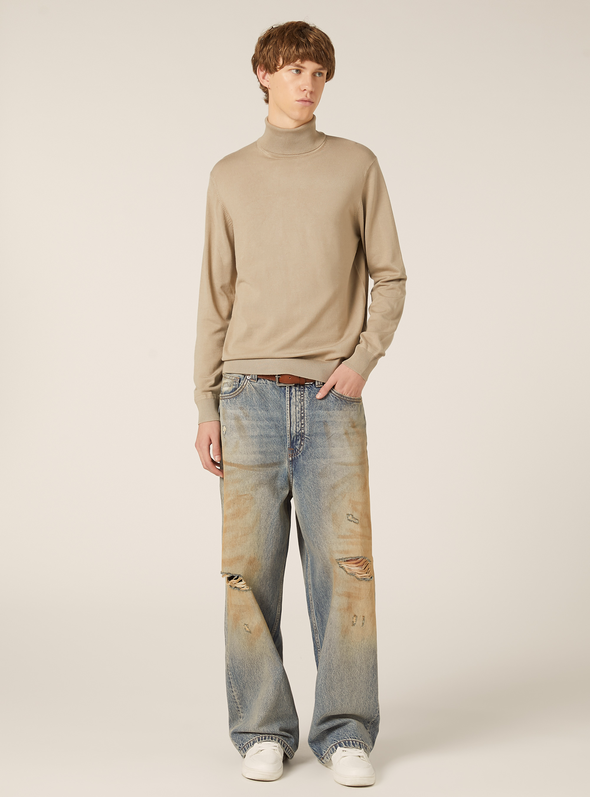 Jersey de cuello alto en viscosa suave, BG2 BEIGE MEDIUM