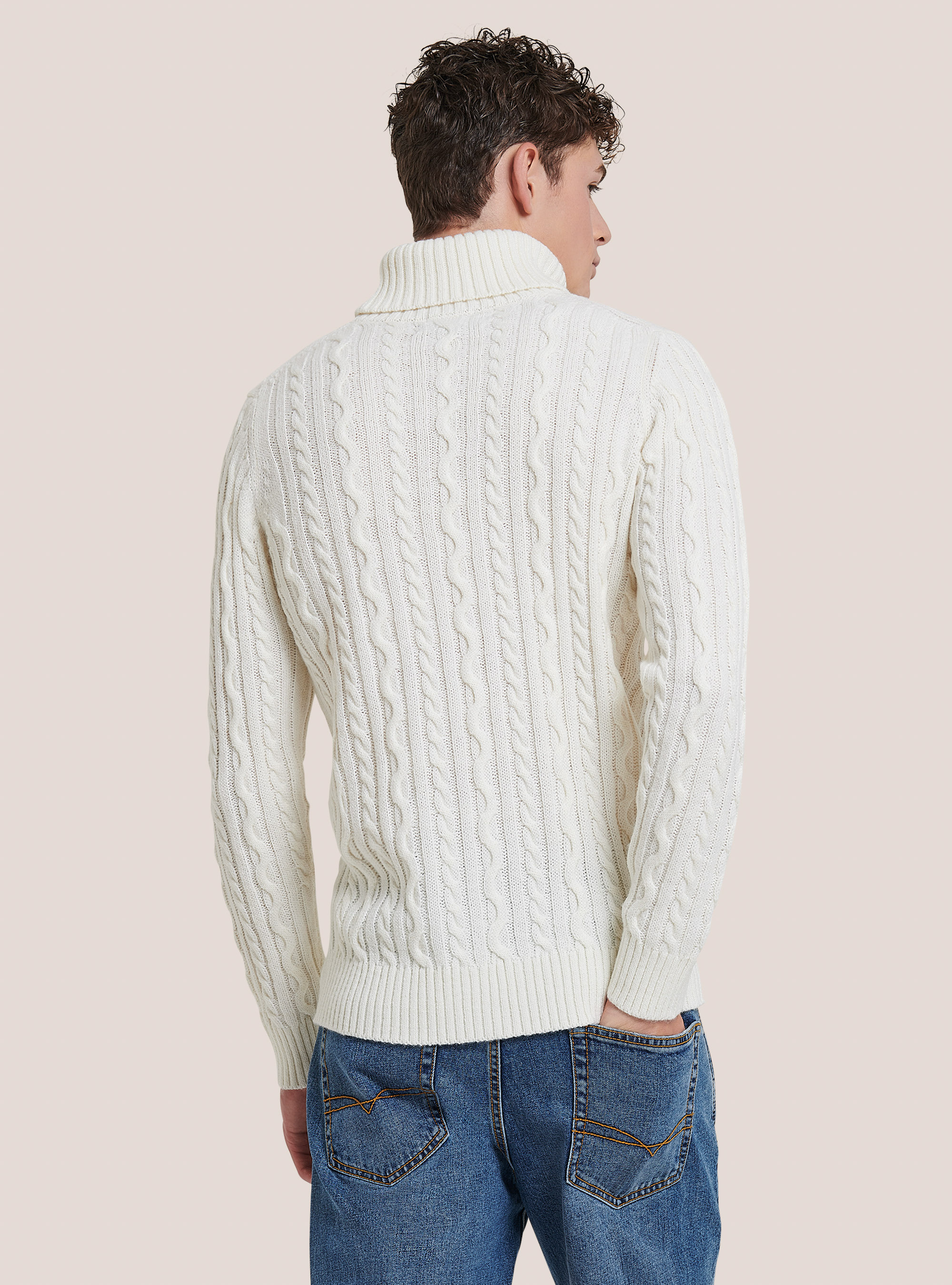 Pullover collo alto con trecce, WH2 WHITE