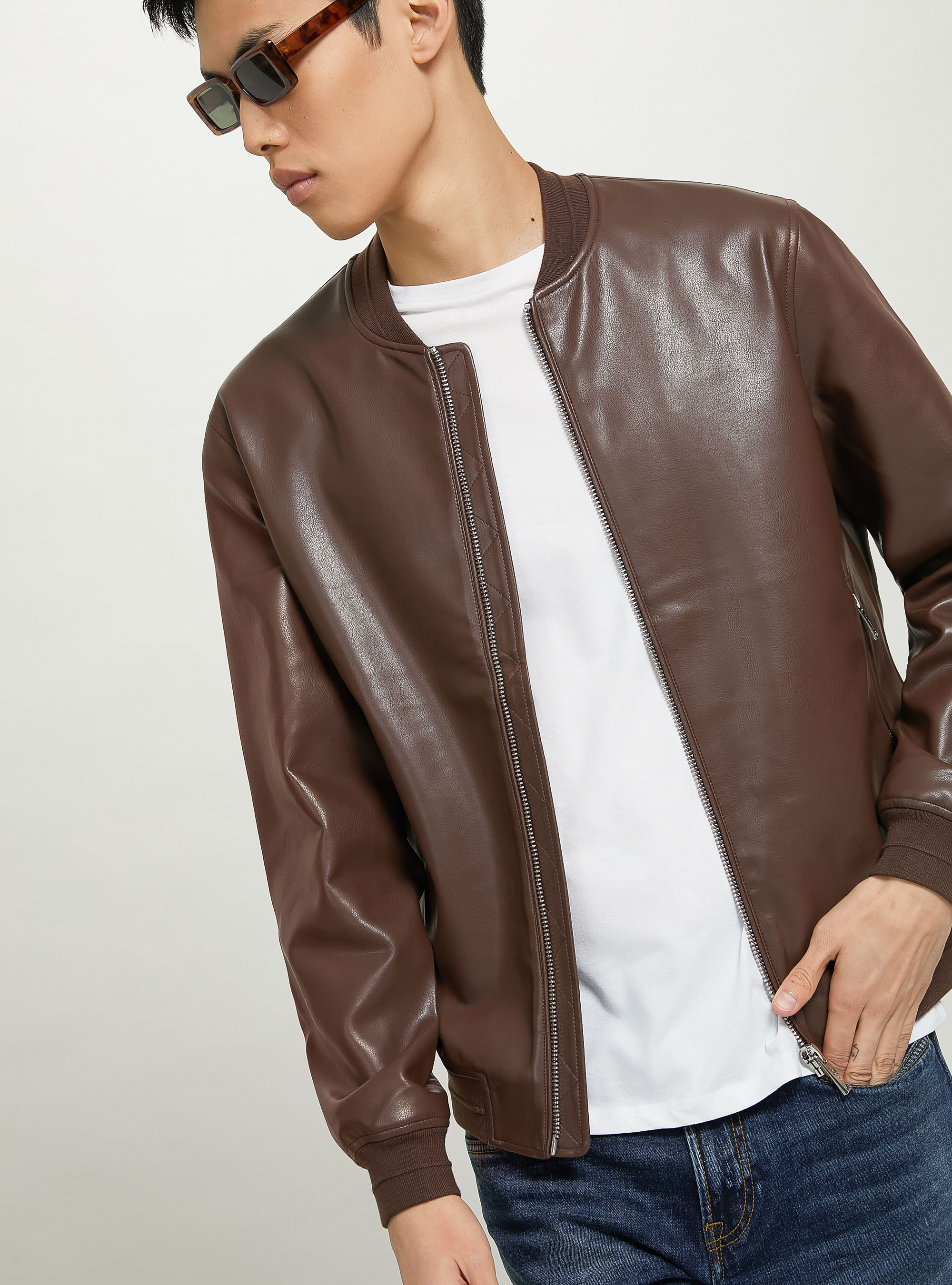 Leather-effect bomber jackeT, BR1 BROWN DARK