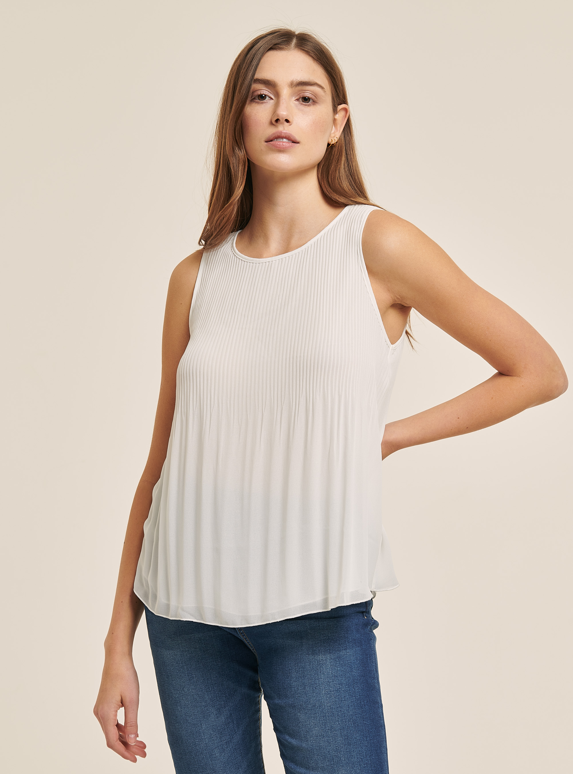 Blusa plissettata in tinta unita, C099 WHITE