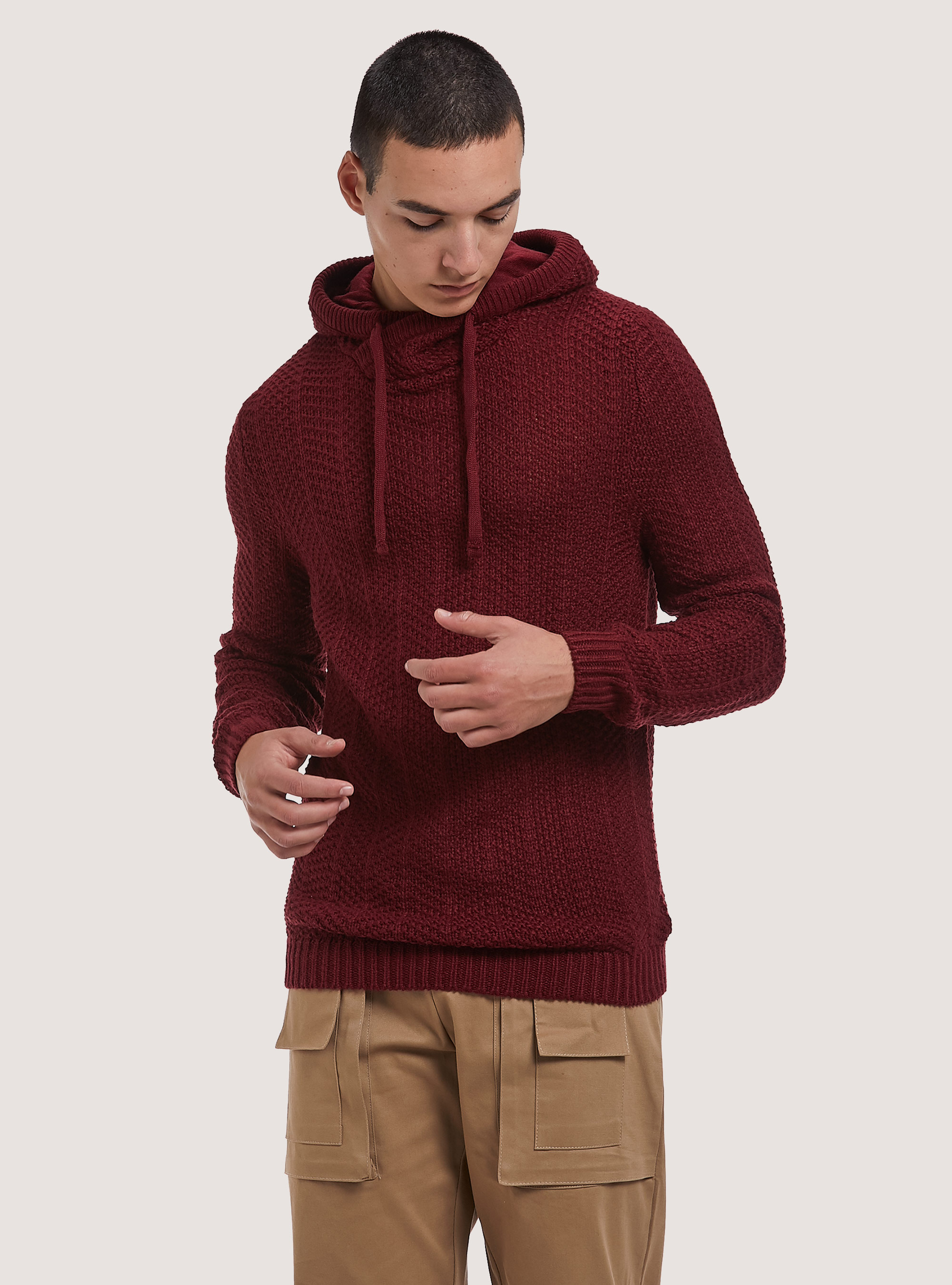 Wool blend hooded pullover, BORDEAUX