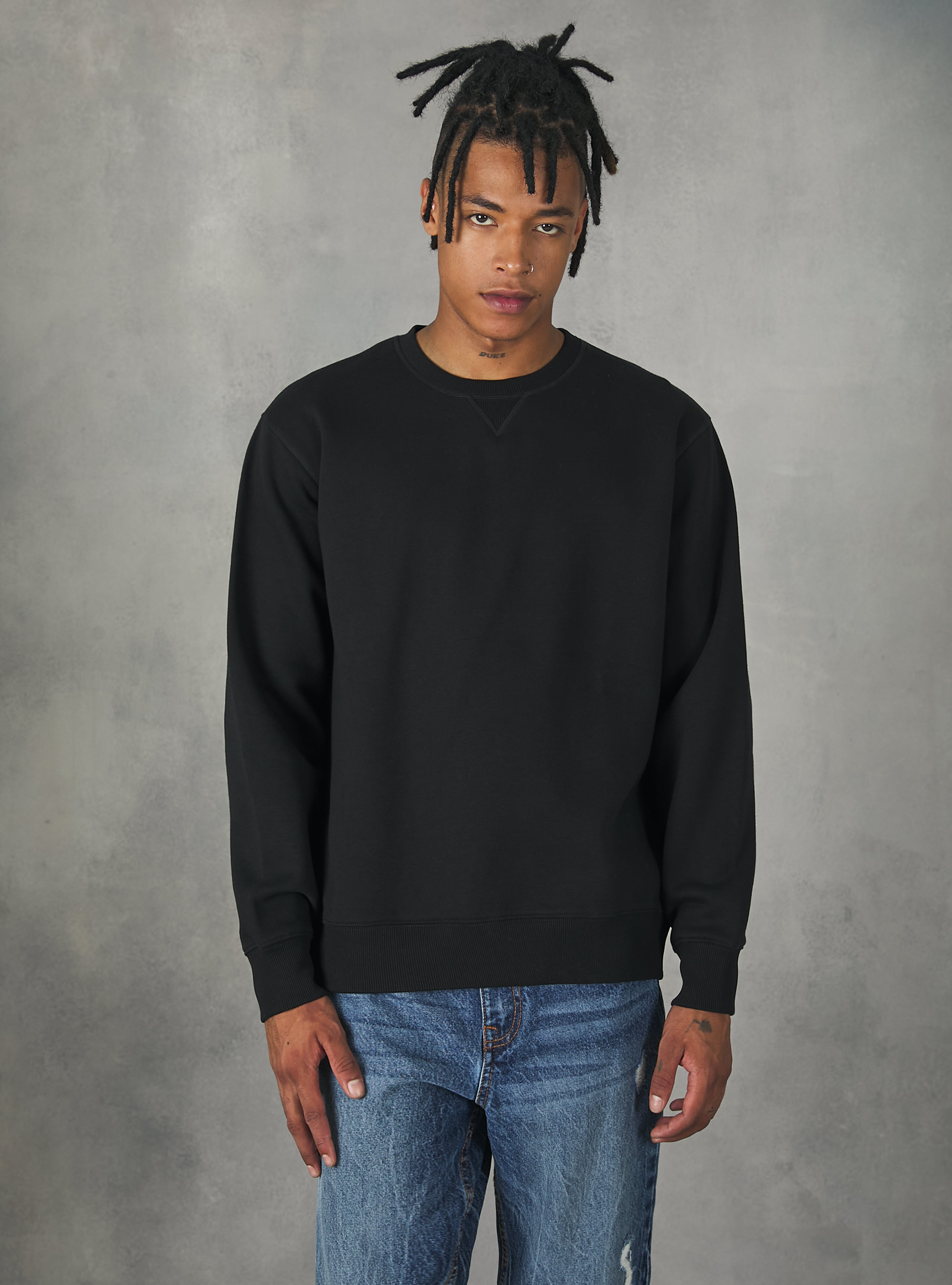 Sudadera de cuello redondo de color liso, BK1 BLACK