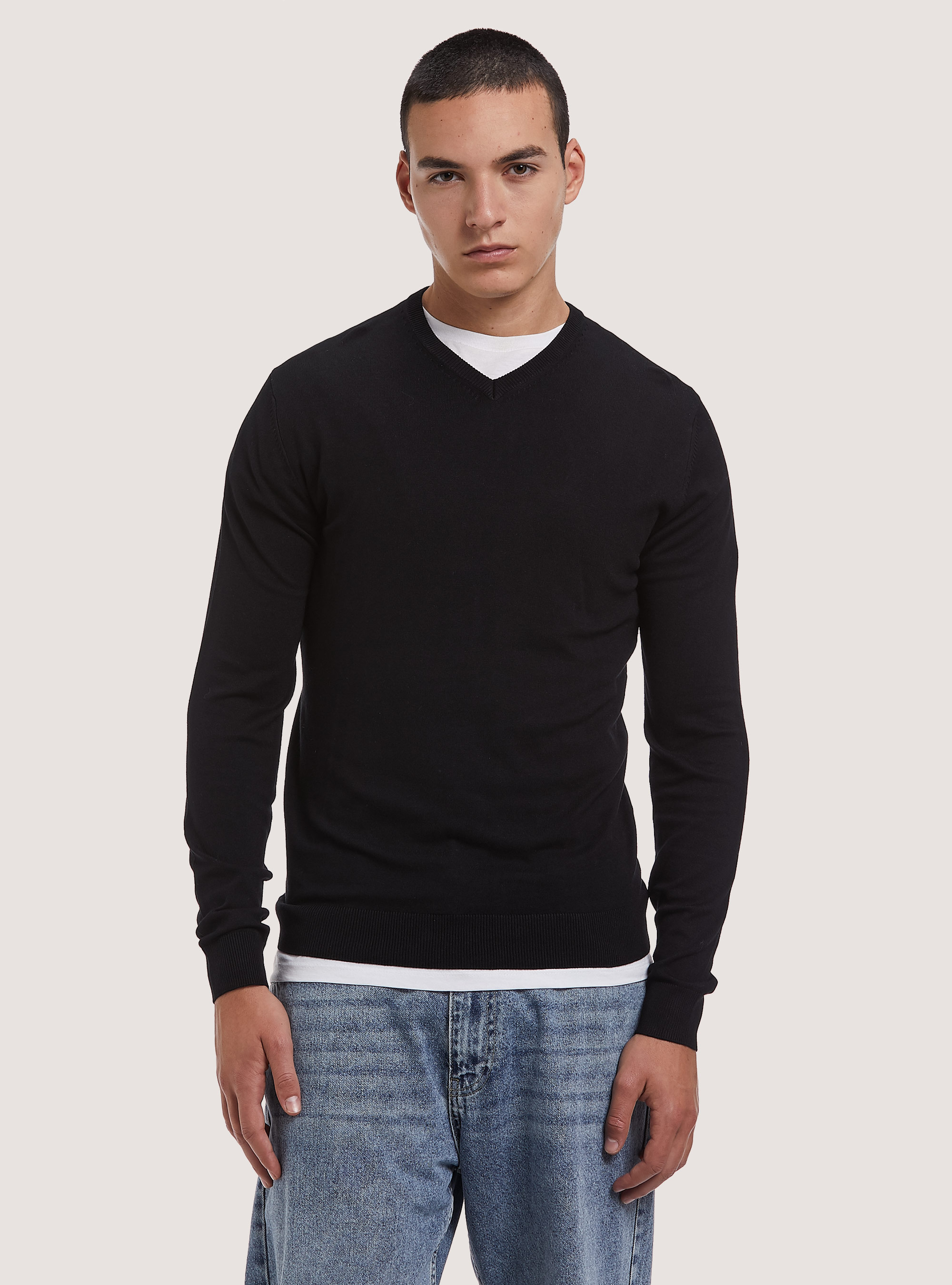 Pullover scollo a "v" tinta unita, BLACK