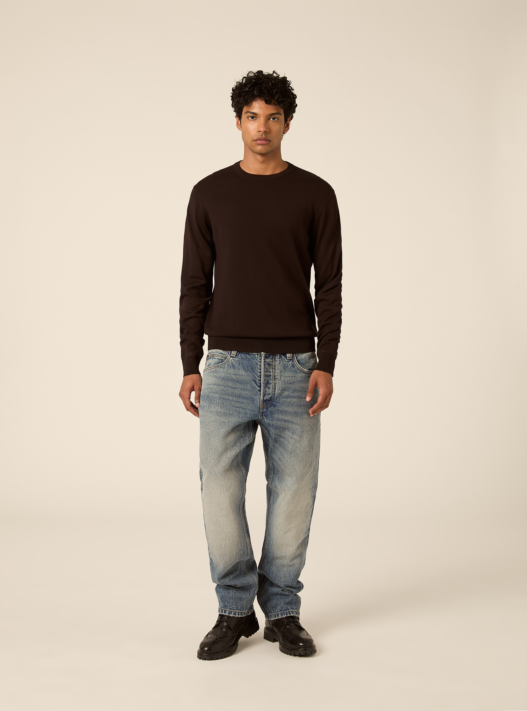 Pullover girocollo in viscosa, MARRONE SCURO