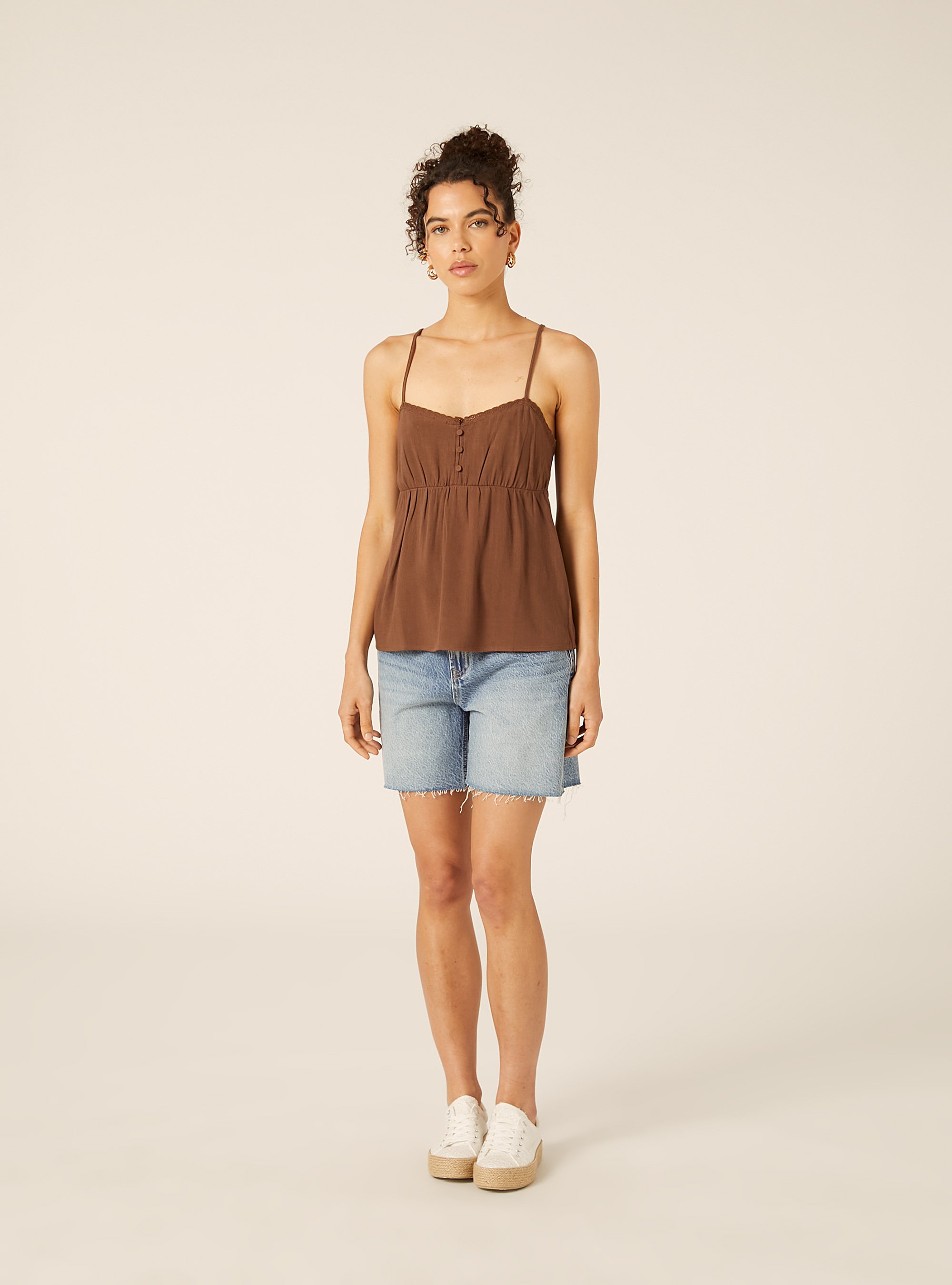 Top con spalline in misto lino, BR3 BROWN LIGHT