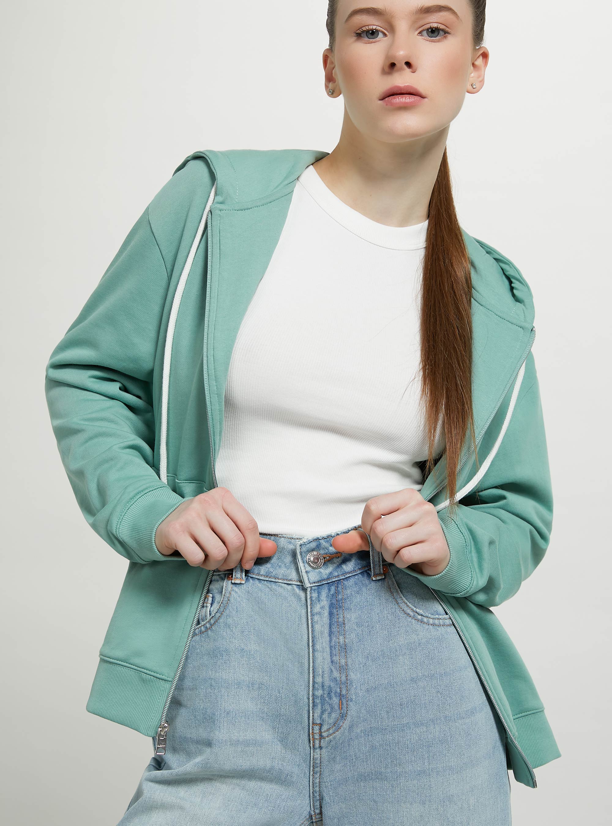 Sudadera básica de algodón con capucha y cremallera, C6730 GREEN