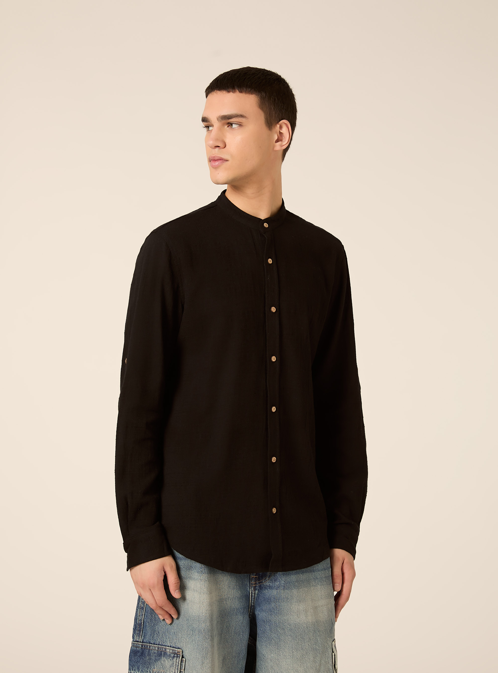 Camicia con collo alla coreana in misto lino, BK1 BLACK
