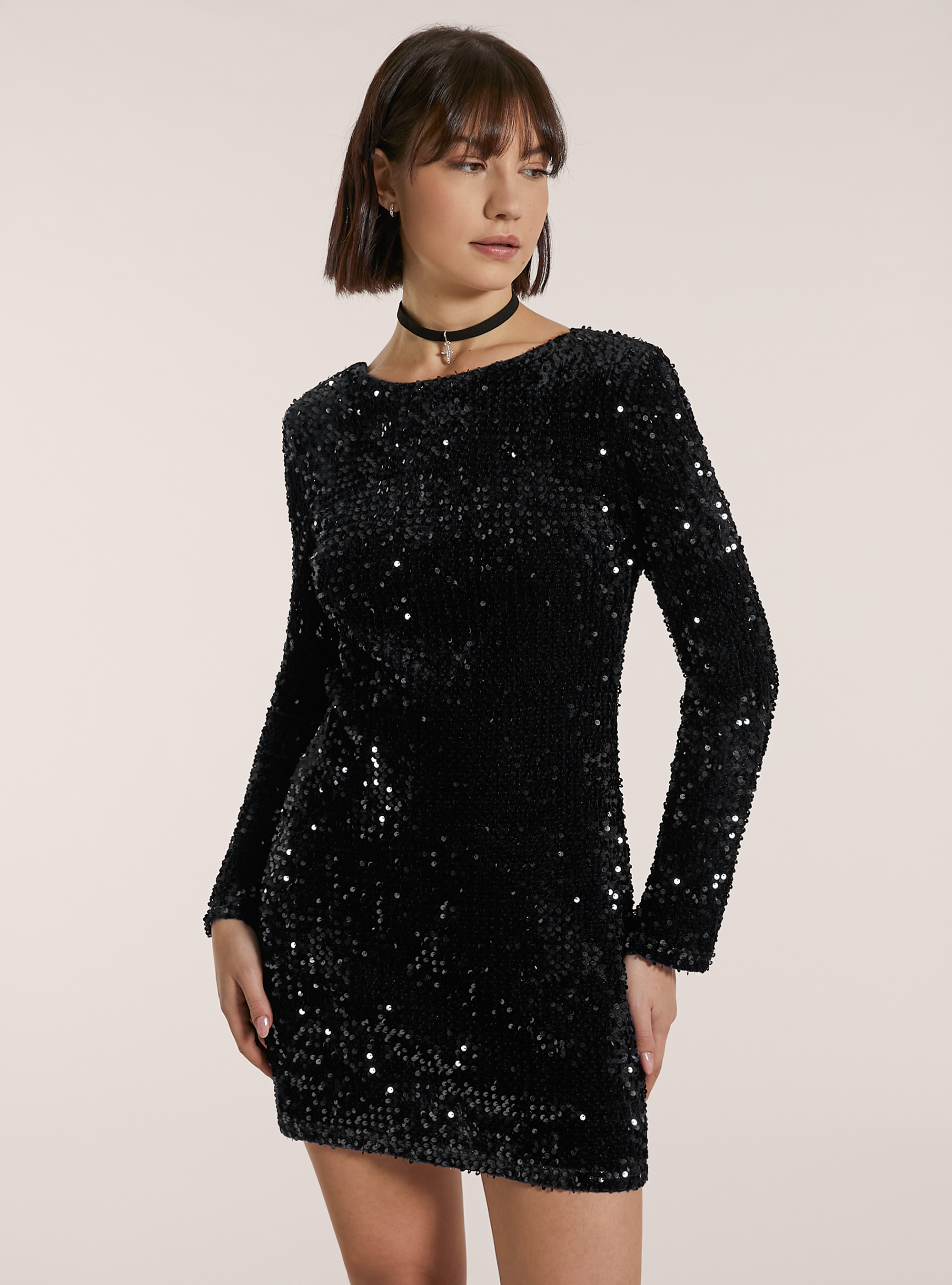 Vestito paillettes con schiena scoperta, BK1 BLACK