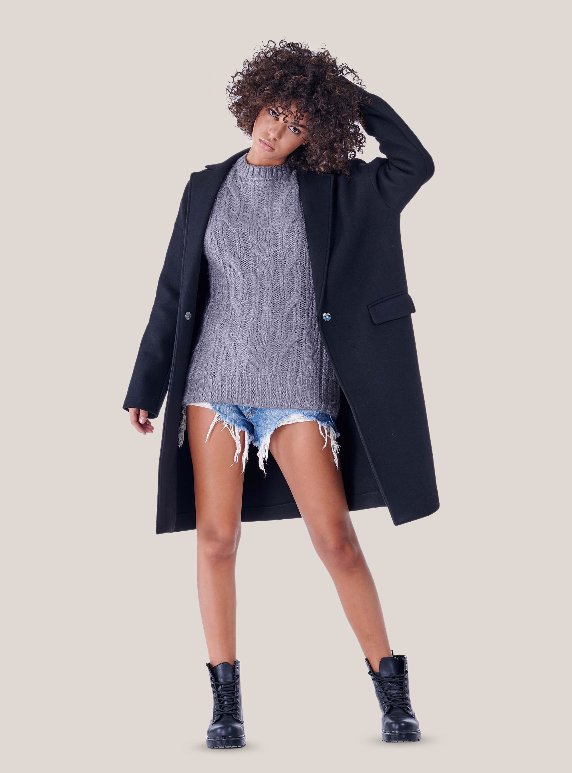 Pull à col rond en maille torsadée, C146 GREY MEL