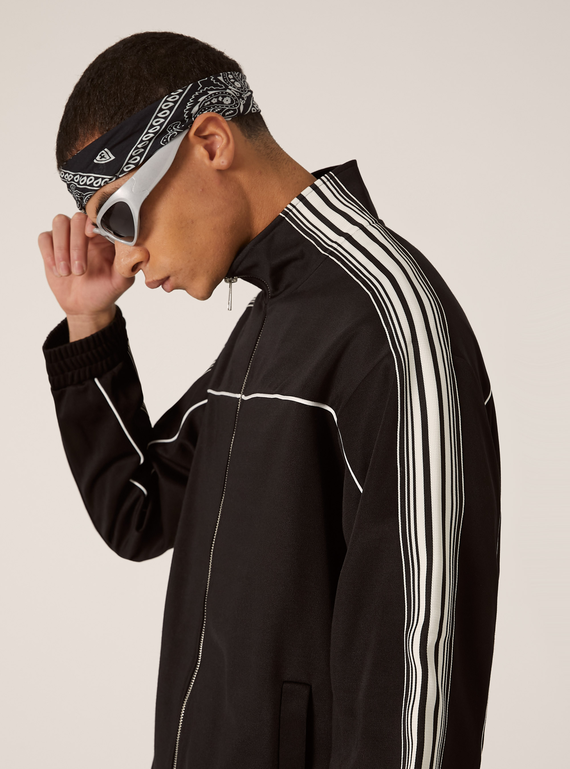 Acetate sweatshirt with zipper and side bands, BK1 BLACK