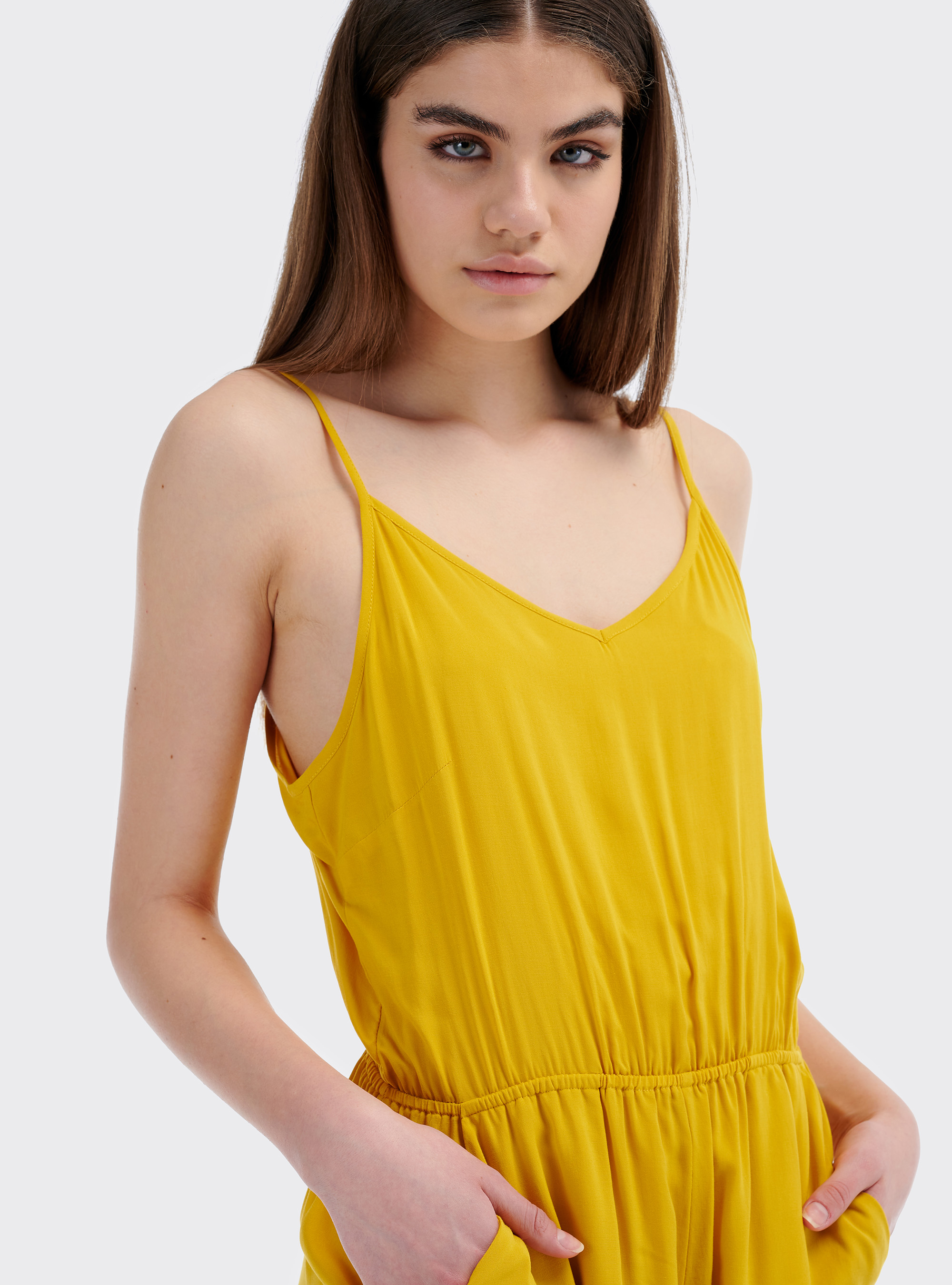 Tuta corta con elastico in vita, SENAPE