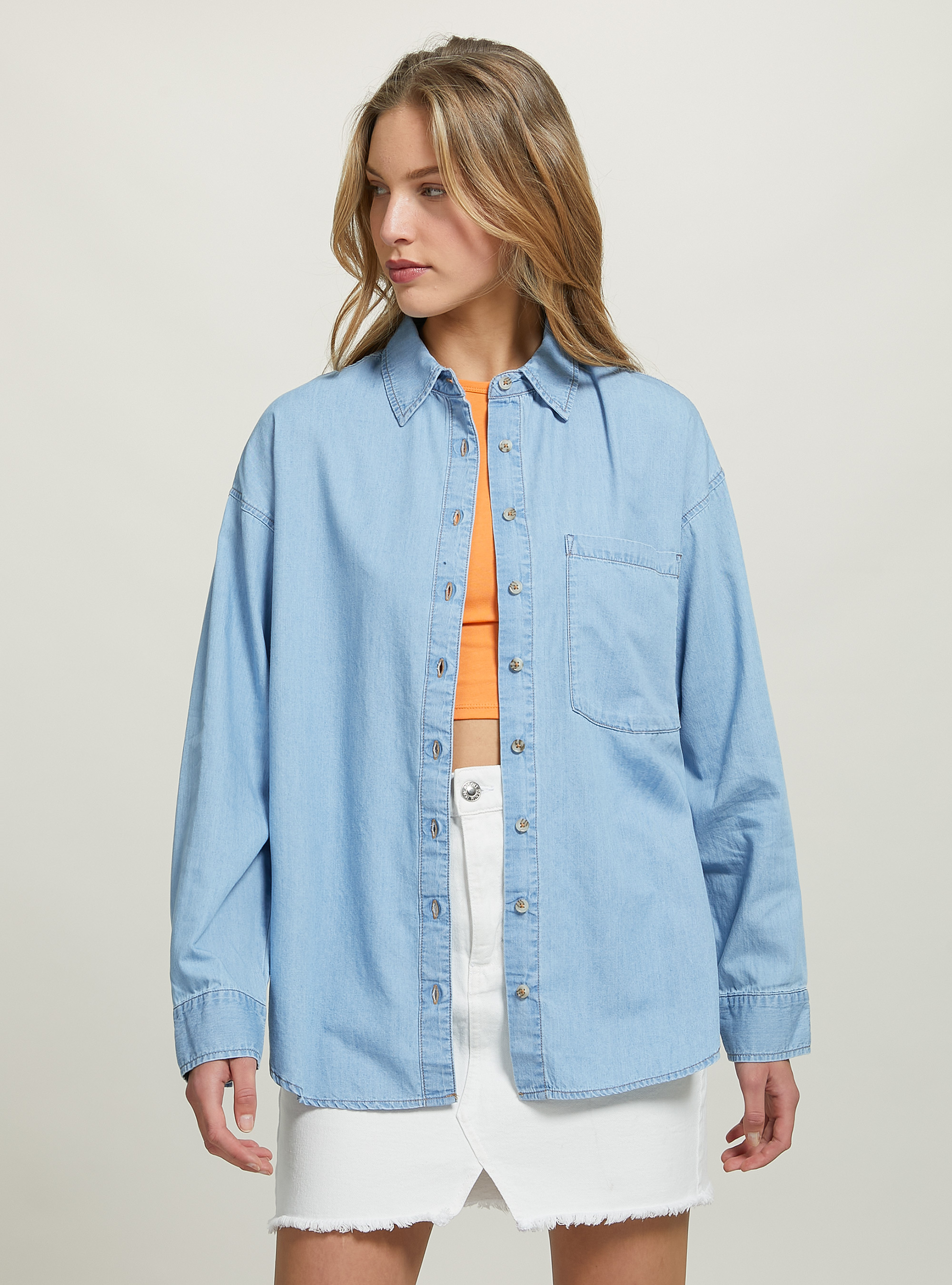 Camicia in denim oversize, D006 AZURE