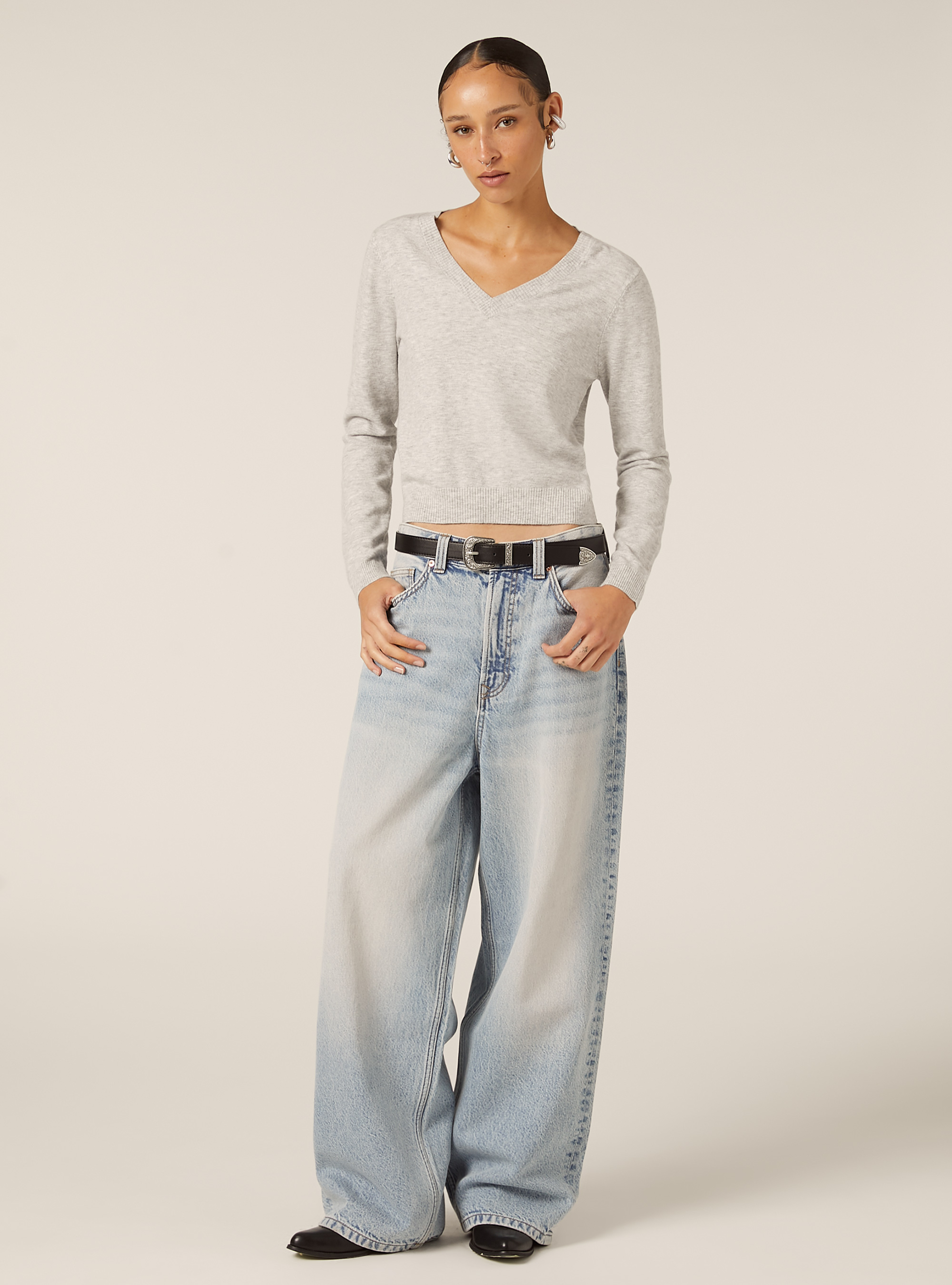 Boxy fit V-neck pullover, MGY2 GREY MEL MEDIUM