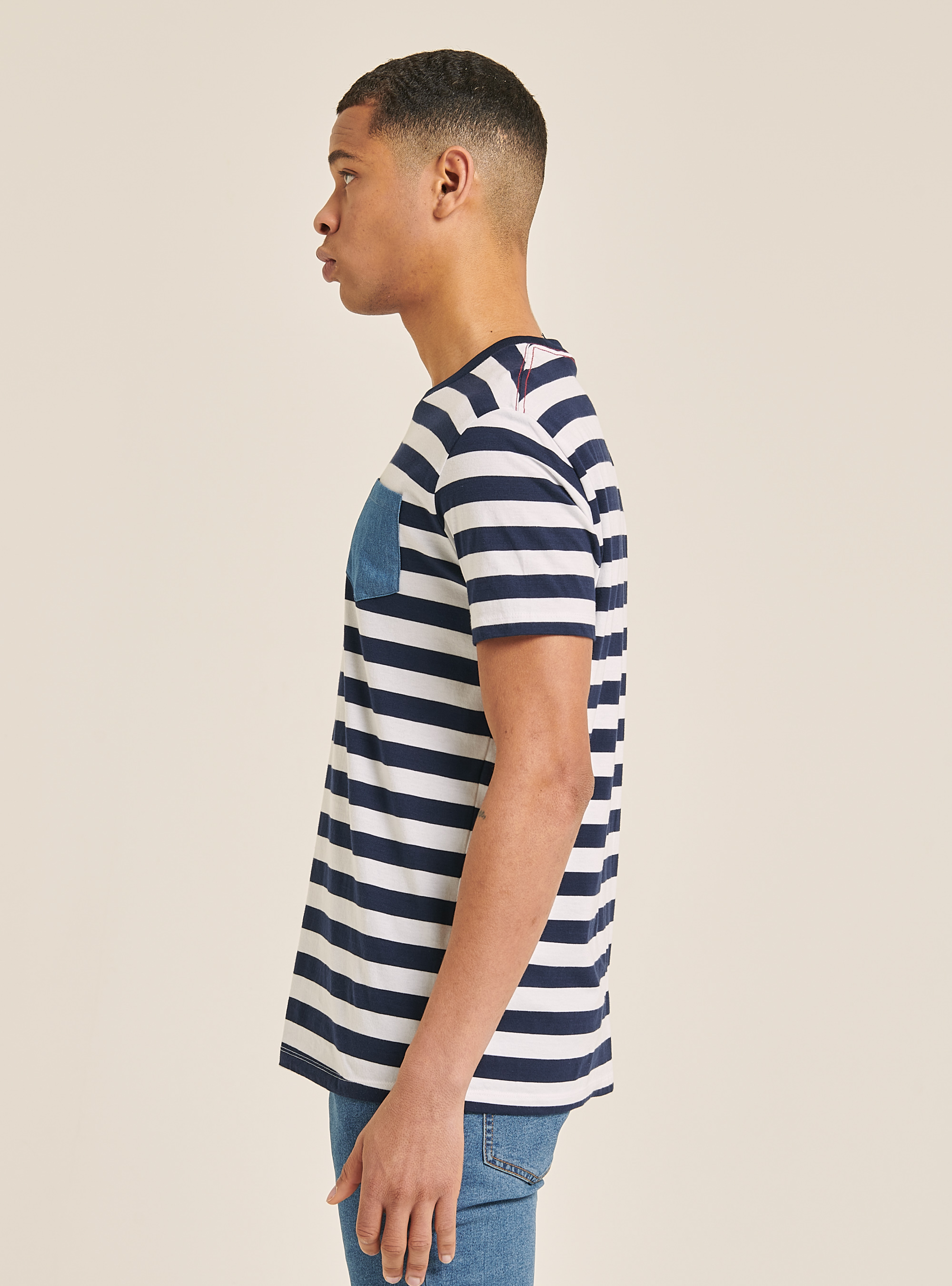 Camiseta de rayas con bolsillo denim, MULTICOLORE