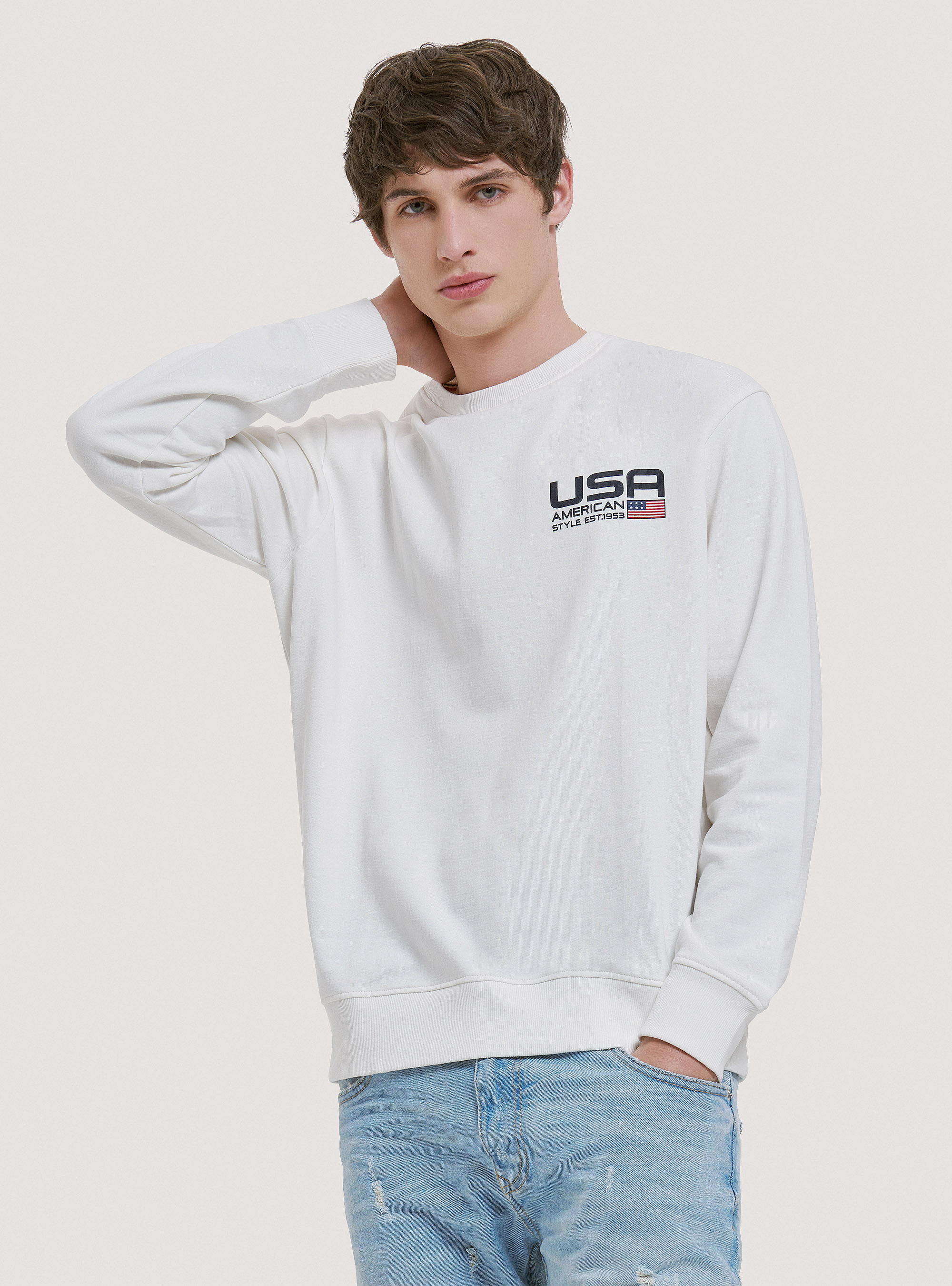 Crew-neck cotton sweatshirt with print, C0020 OFF WHITE