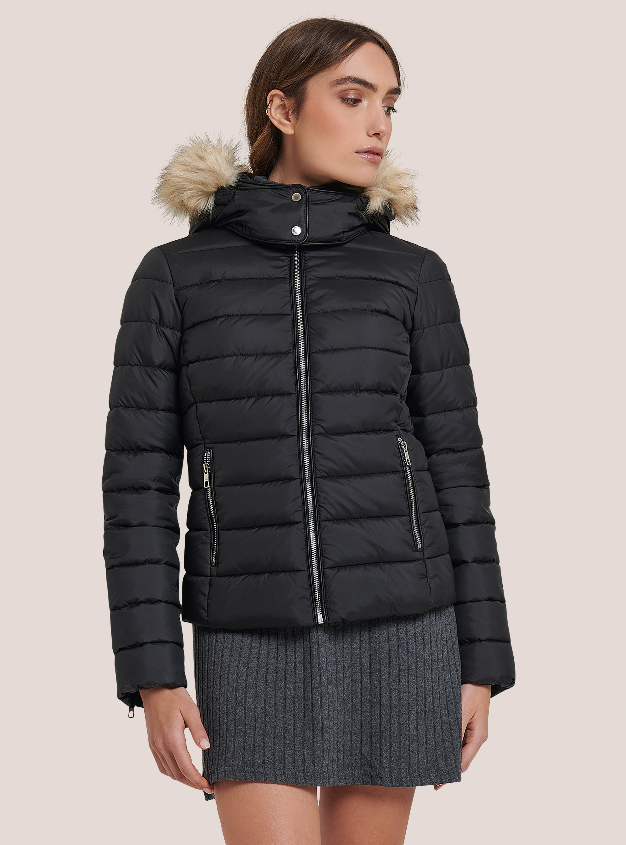 Padded jacket with hood and faux fur collar, BK1 BLACK