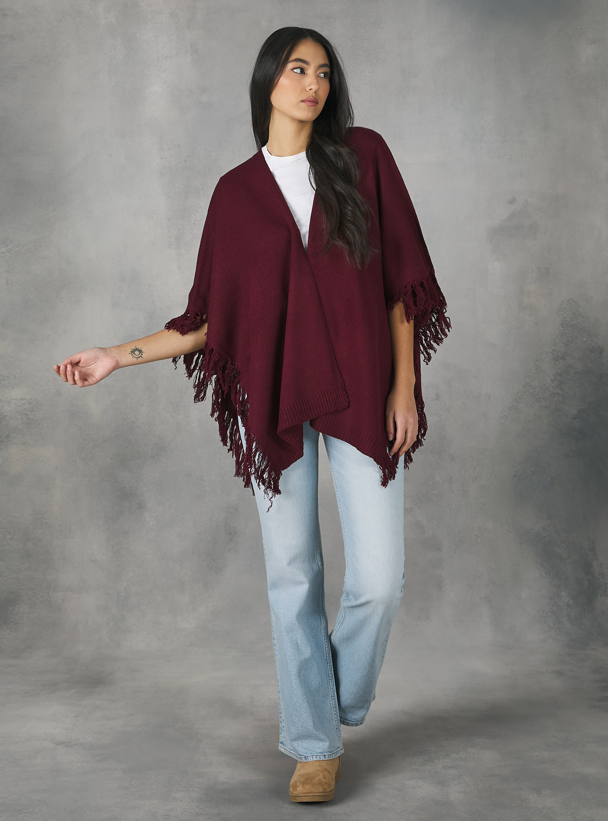 Poncho à franges, C326 BORDEAUX