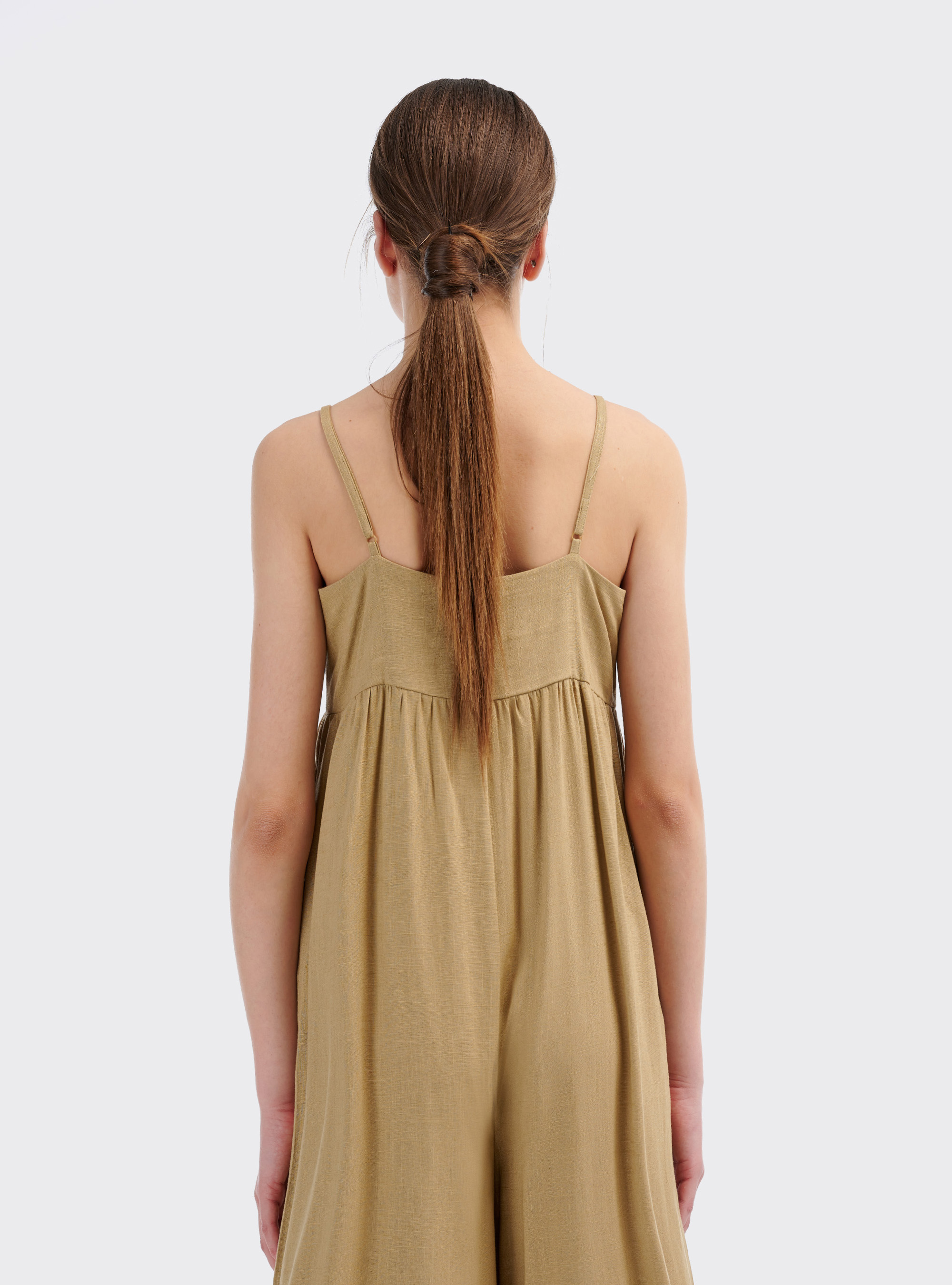 Tuta lunga in misto lino con gamba ampia e bottoncini sul front, BEIGE