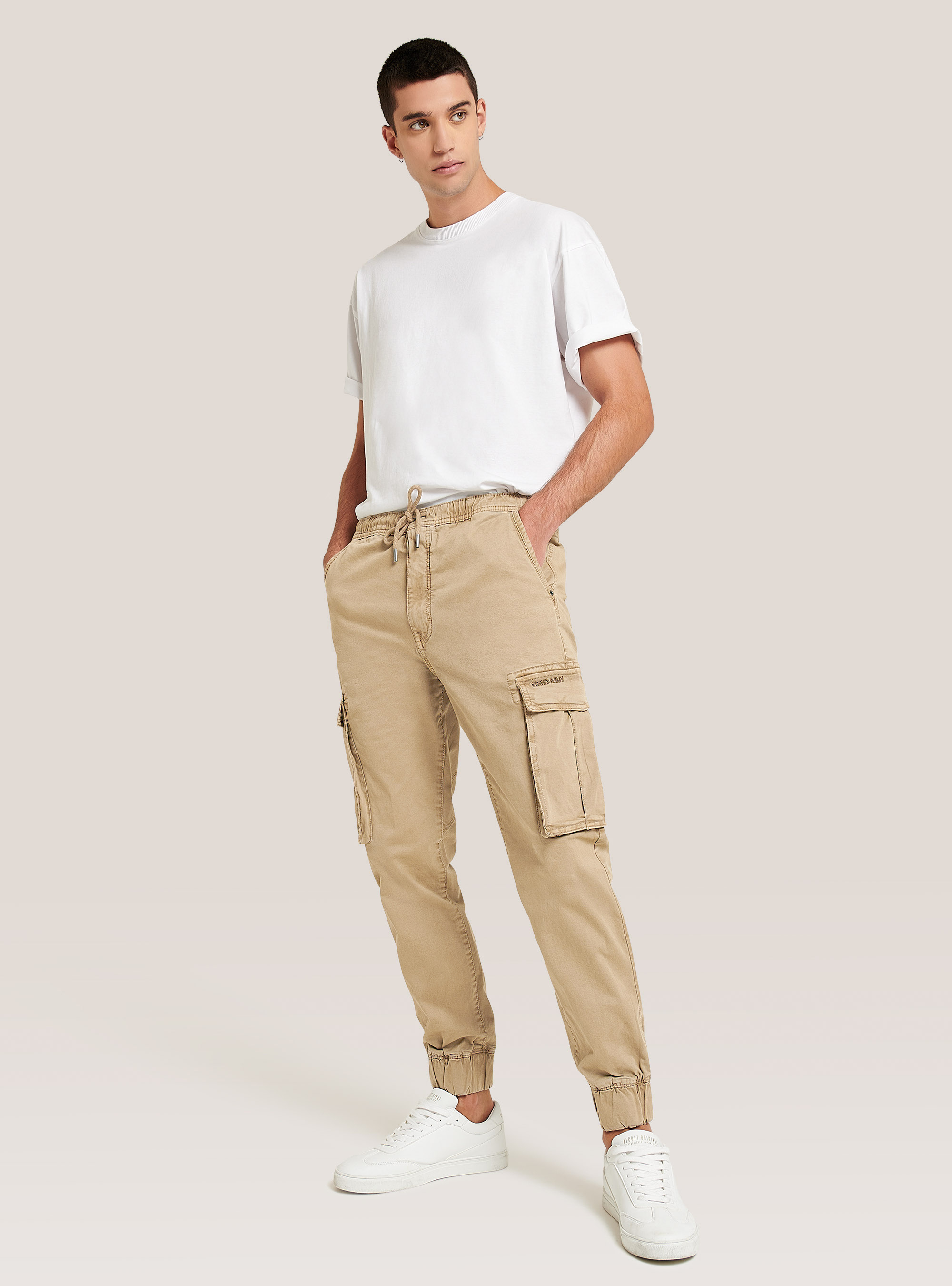 Pantalon de jogging cargo en sergé extensible, BG3 BEIGE LIGHT