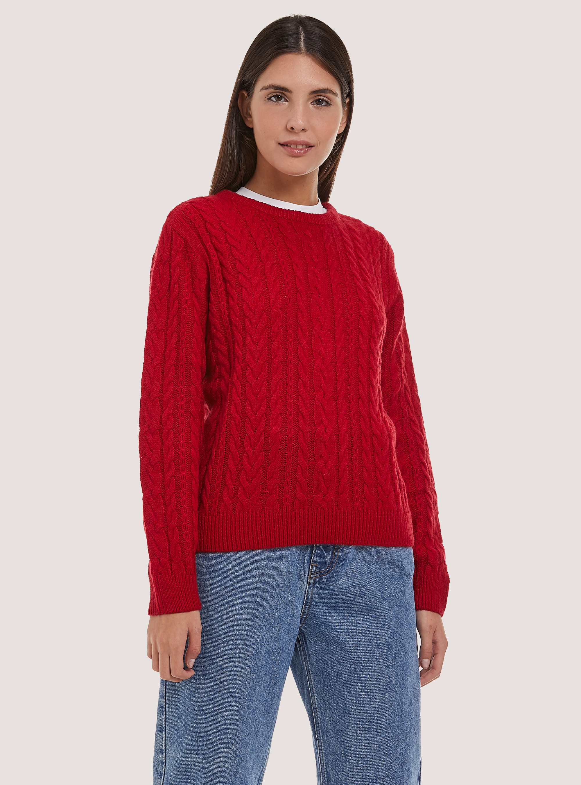 Pullover con trecce, RD2 RED MEDIUM