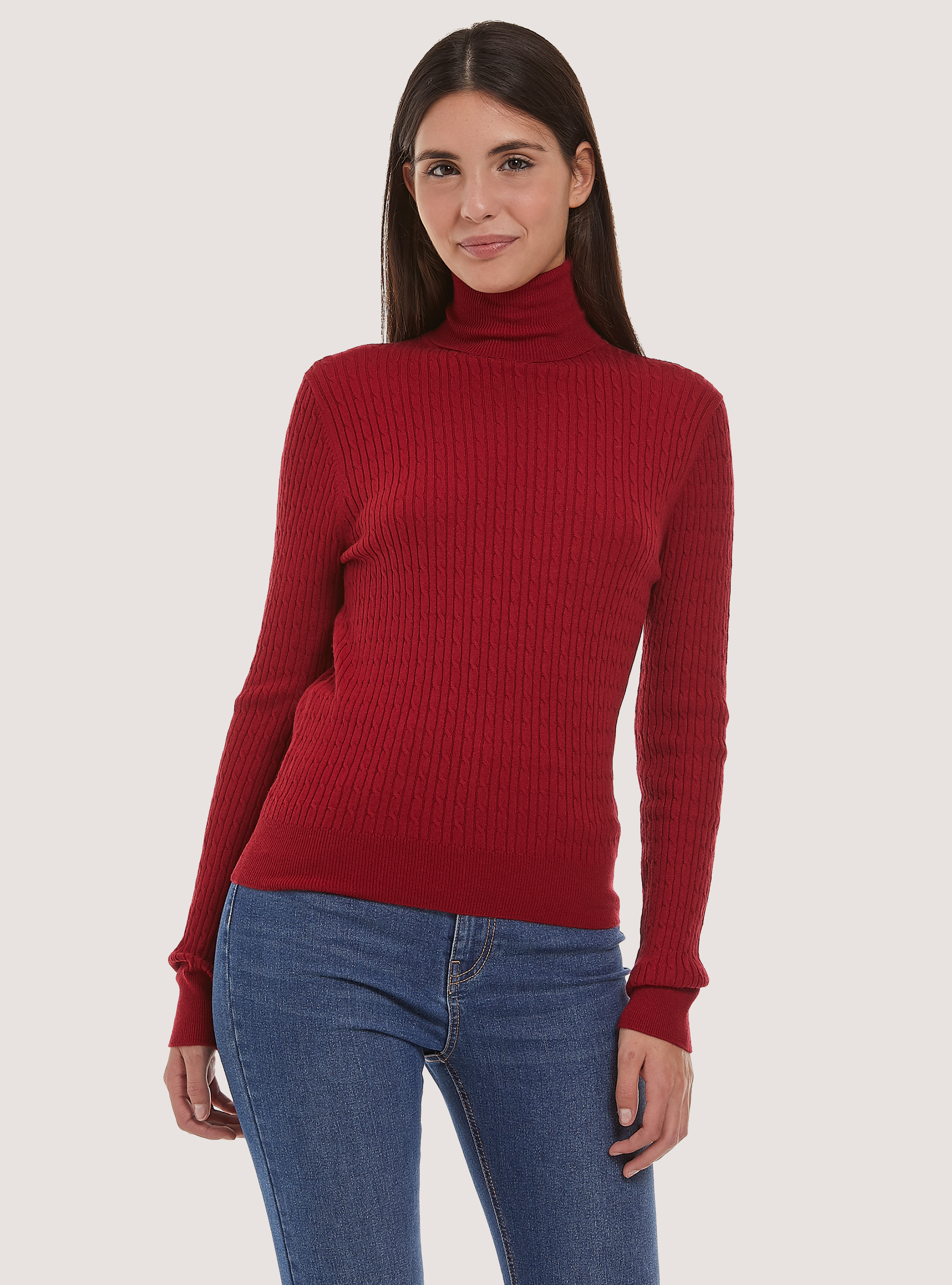 Turtleneck pullover with fine braids, RED