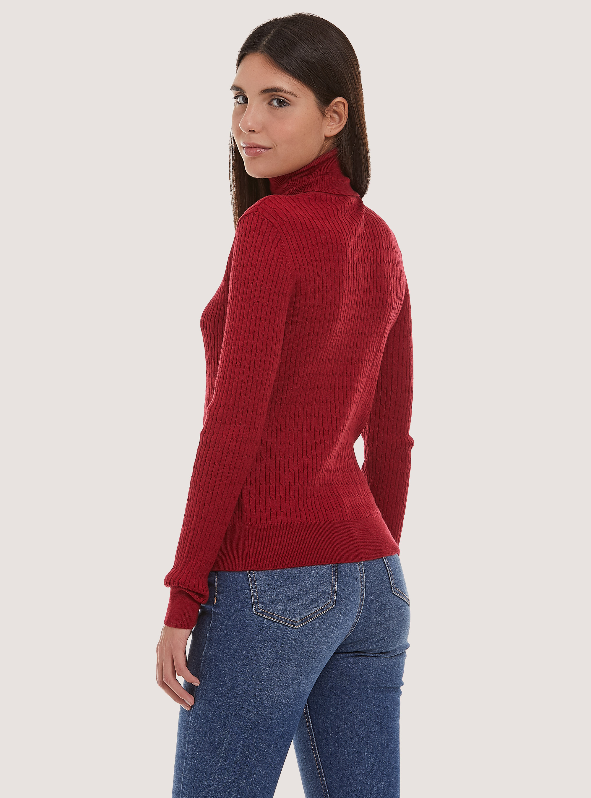 Turtleneck pullover with fine braids, RED