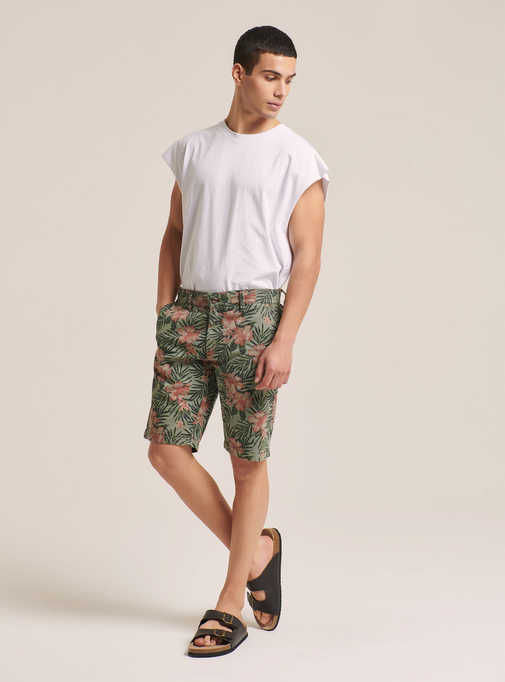 Bermuda in twill stretch con fantasia floreale, KAKI