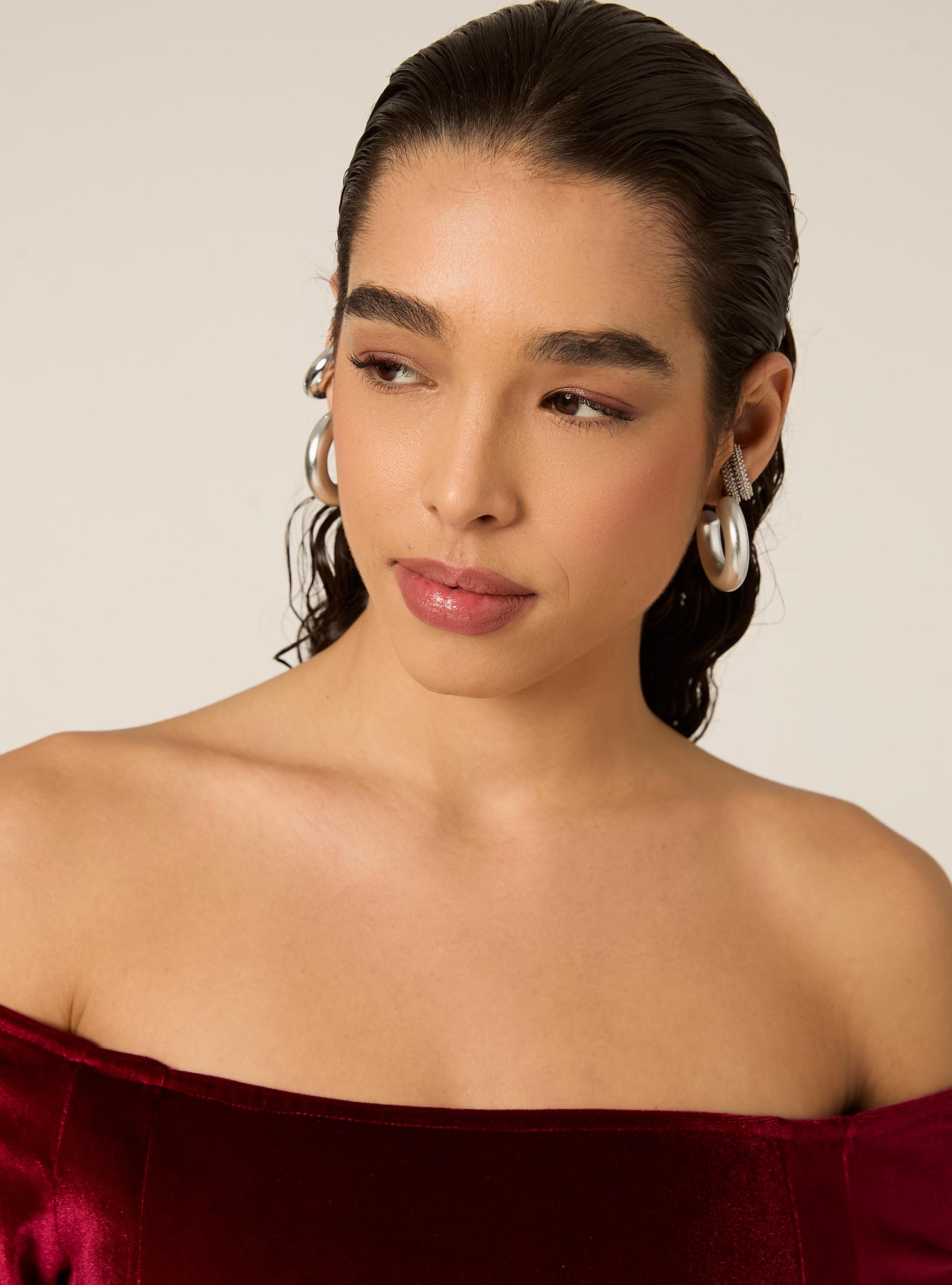 Abito in velluto svasato con spalle scoperte, RD2 RED MEDIUM