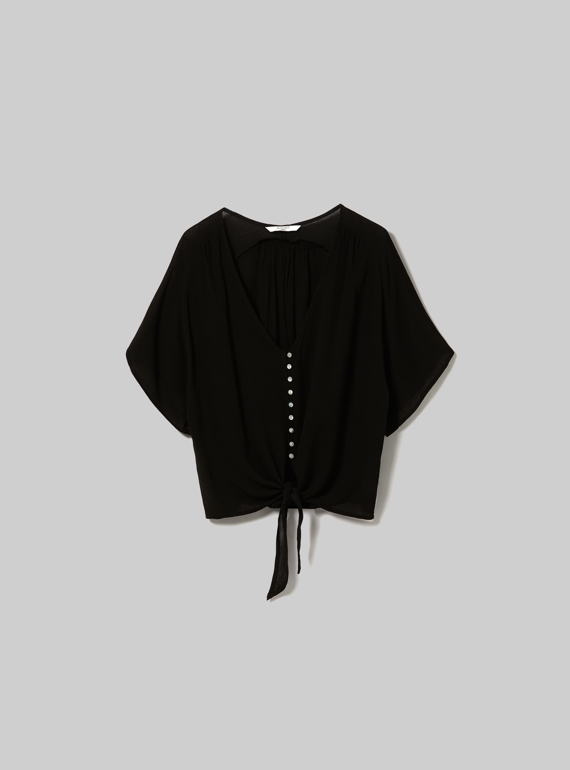 Solid-coloured v-neck shirt with waist knot, BK1 BLACK