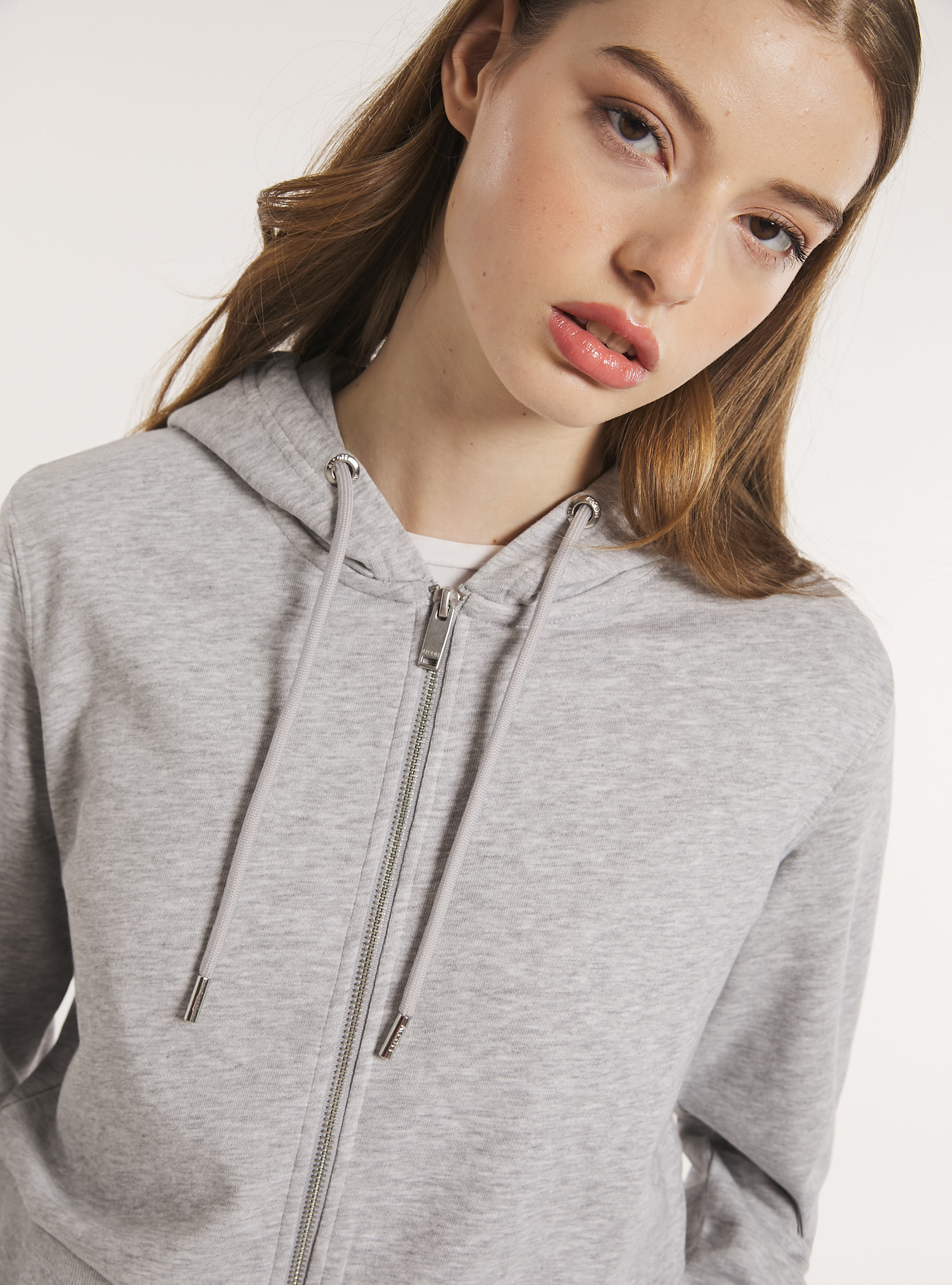 Cropped sweatshirt with zip and hood, MGY3 GREY MEL LIGHT