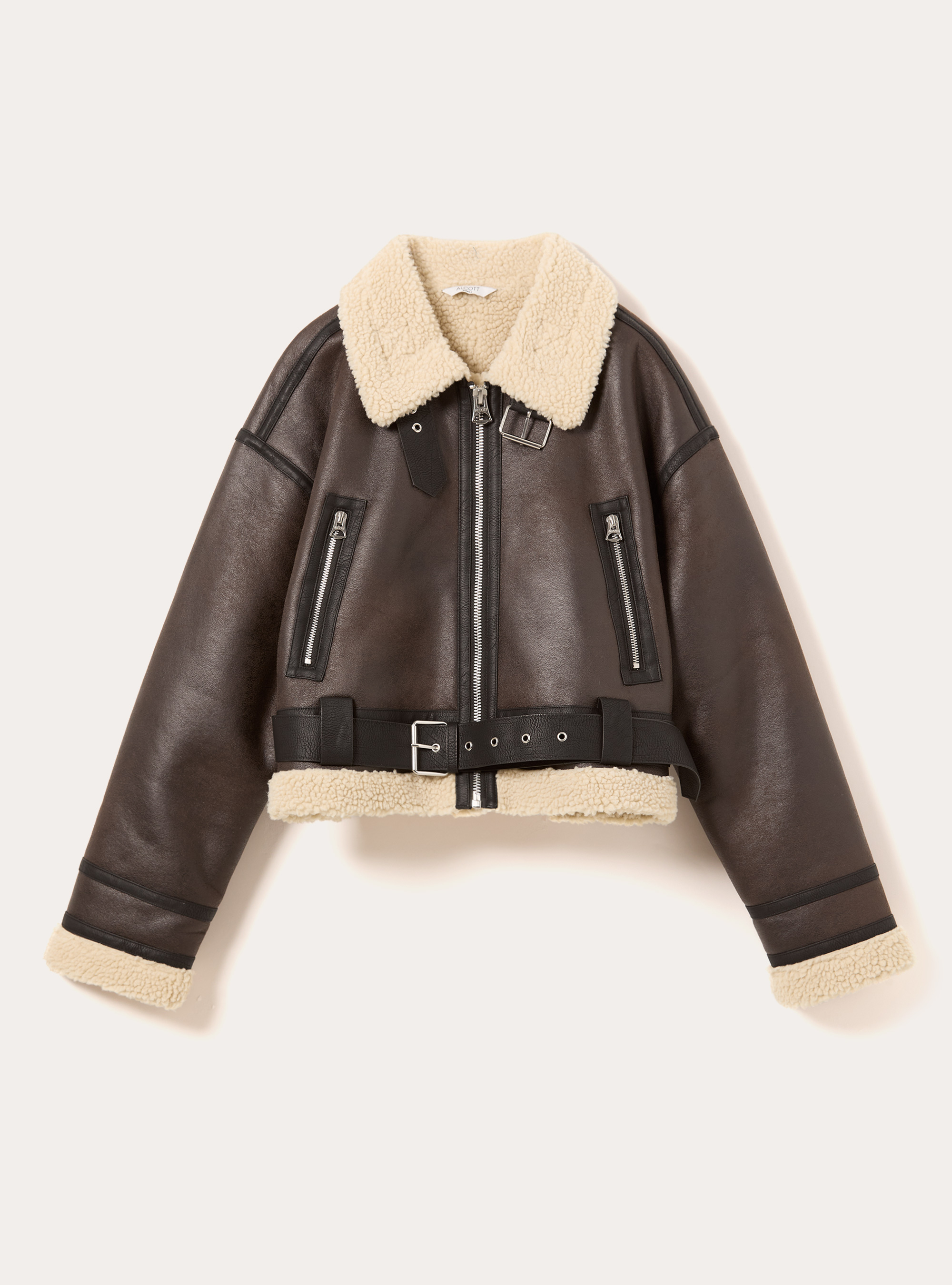 Giubbotto montone effetto pelle, BR1 BROWN DARK