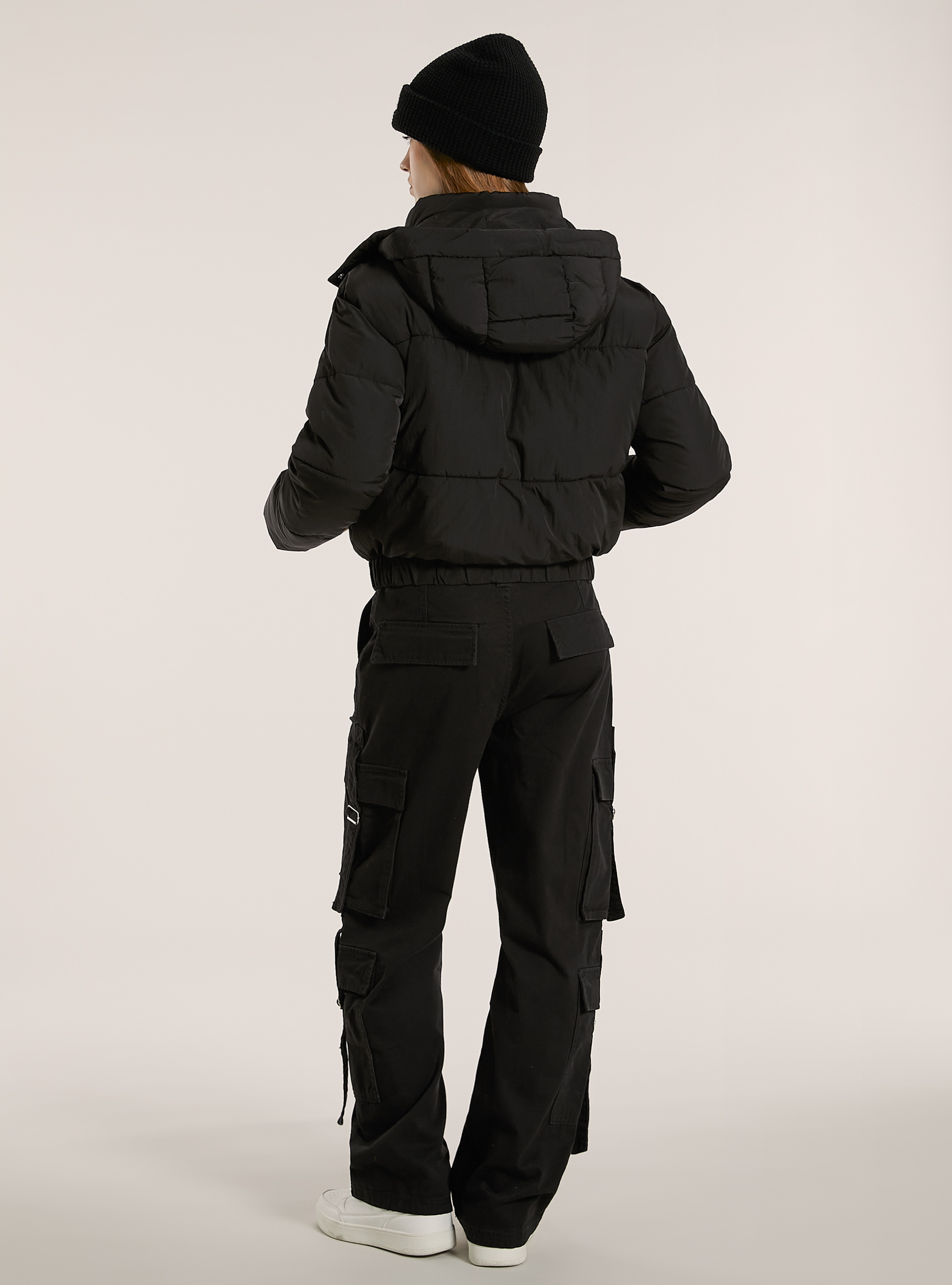 Puffy jacket with removable hood, BK1 BLACK