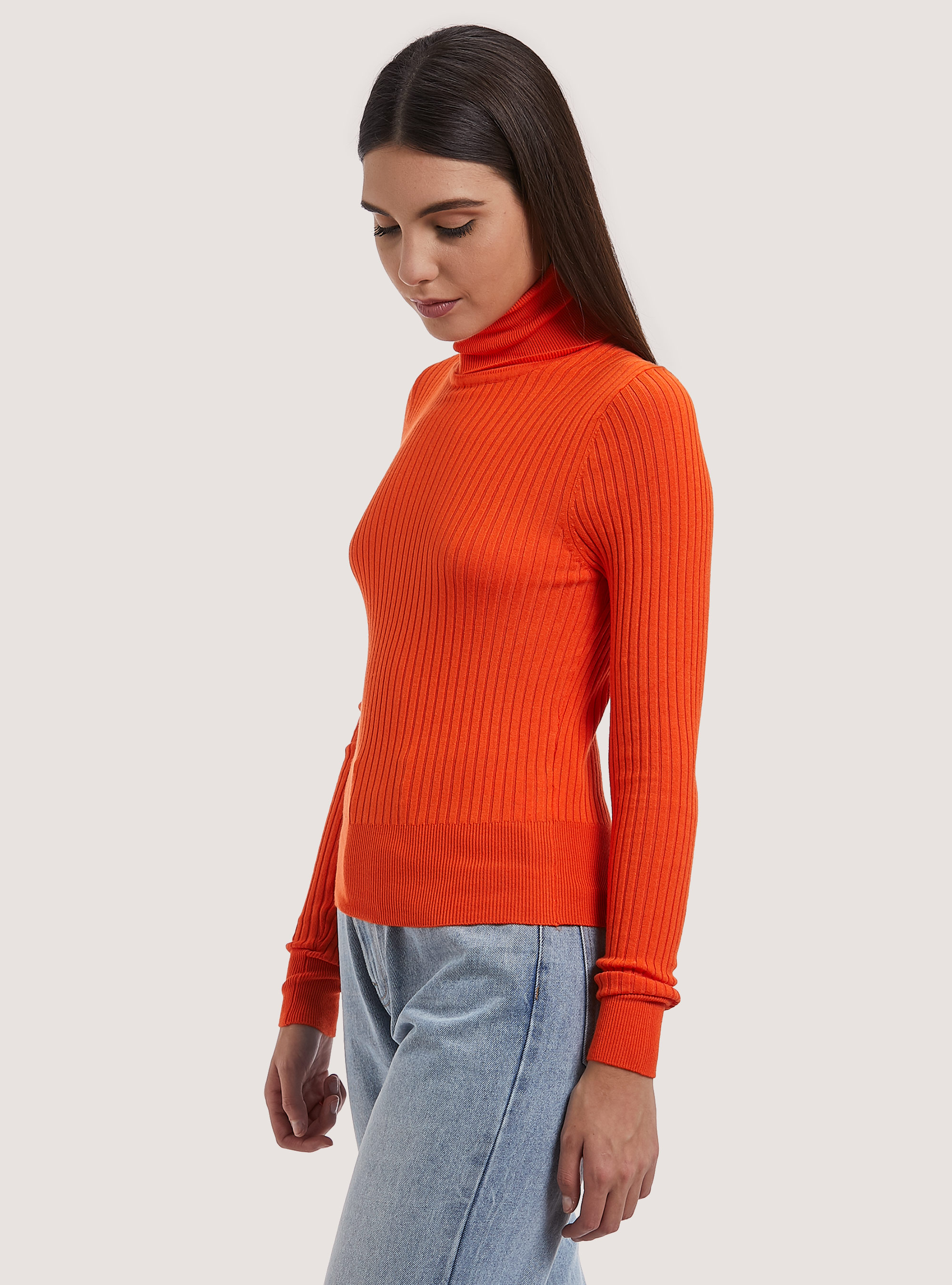 Pullover cropped a collo alto a coste, OR2 ORANGE MED.
