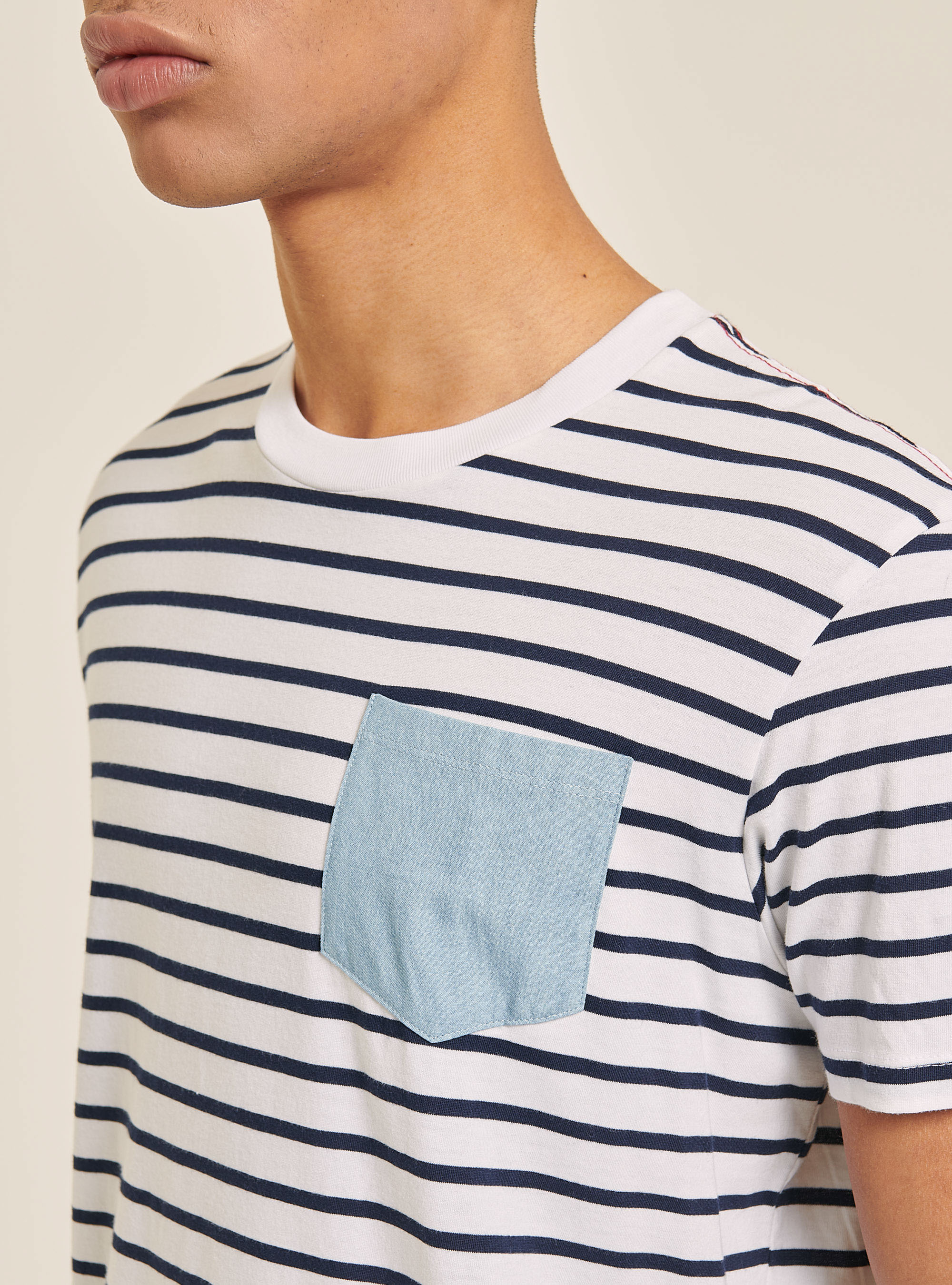 Striped T-shirt with denim pocket, MULTICOLOR